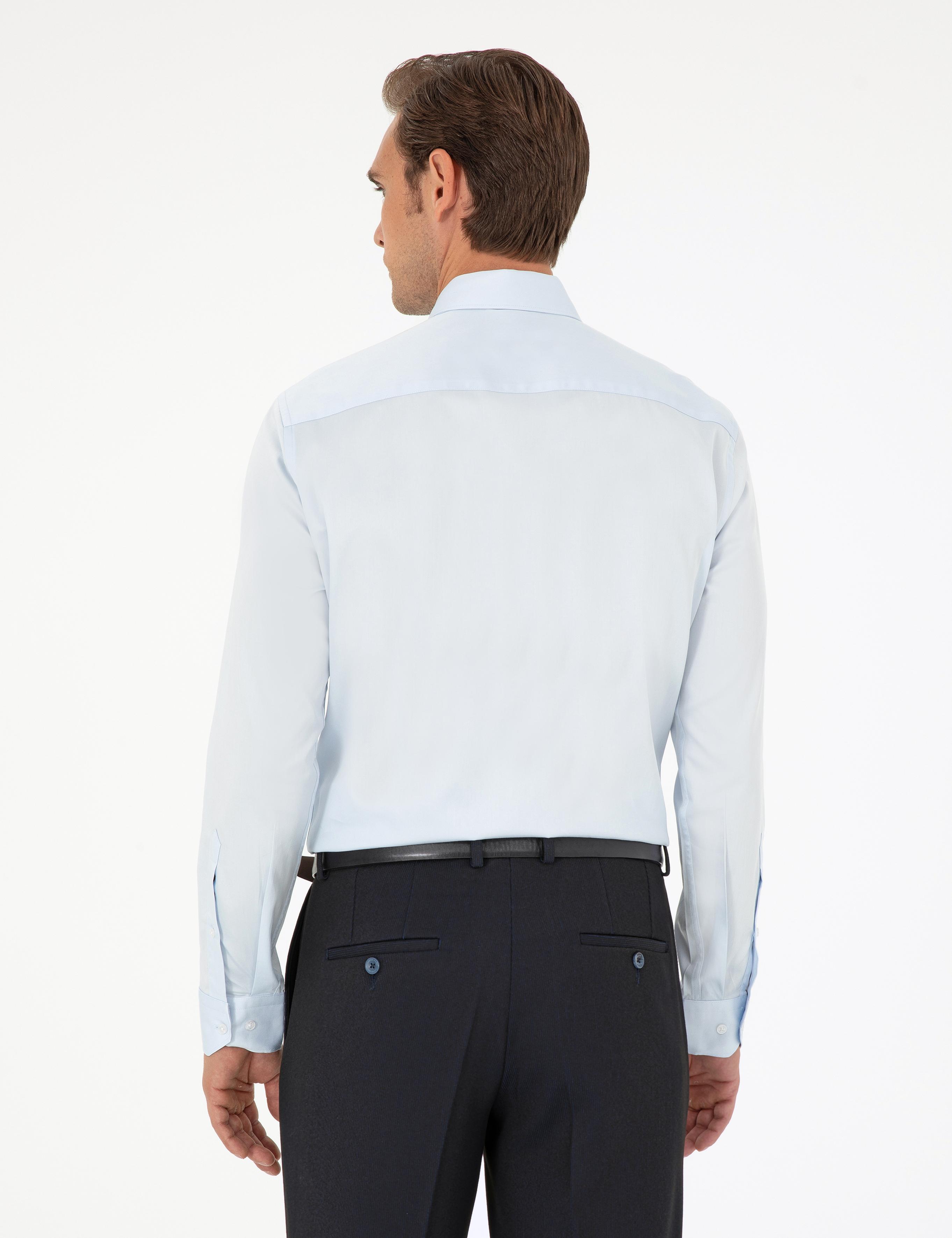 Açık Mavi Parlak Saten Slim Fit Uzun Kollu Basic Gömlek