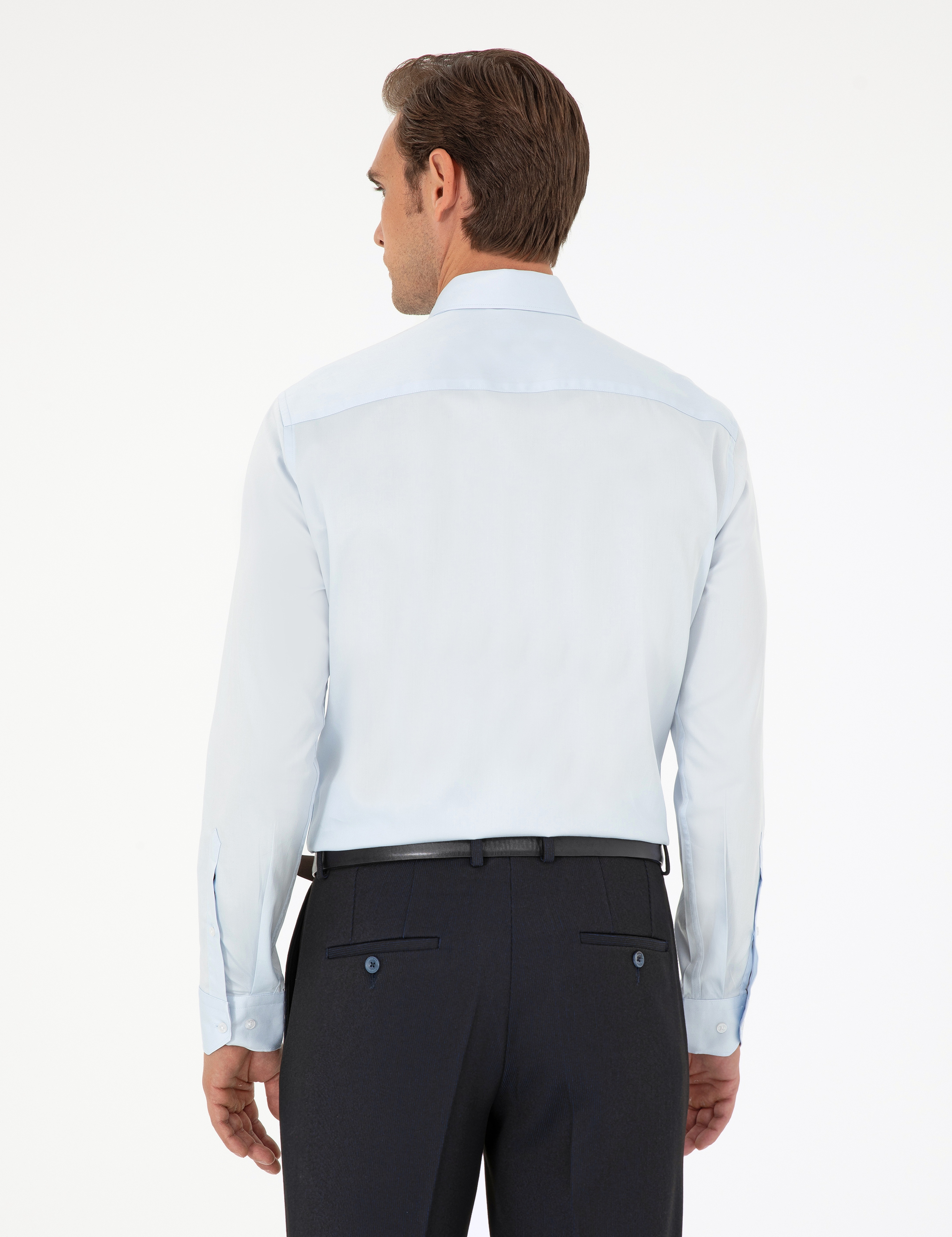 Açık Mavi %100 Pamuk Parlak Saten Slim Fit Uzun Kollu Basic Gömlek - Image 5