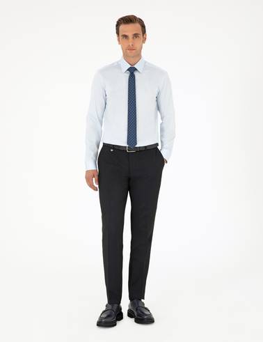 Açık Mavi %100 Pamuk Parlak Saten Slim Fit Uzun Kollu Basic Gömlek