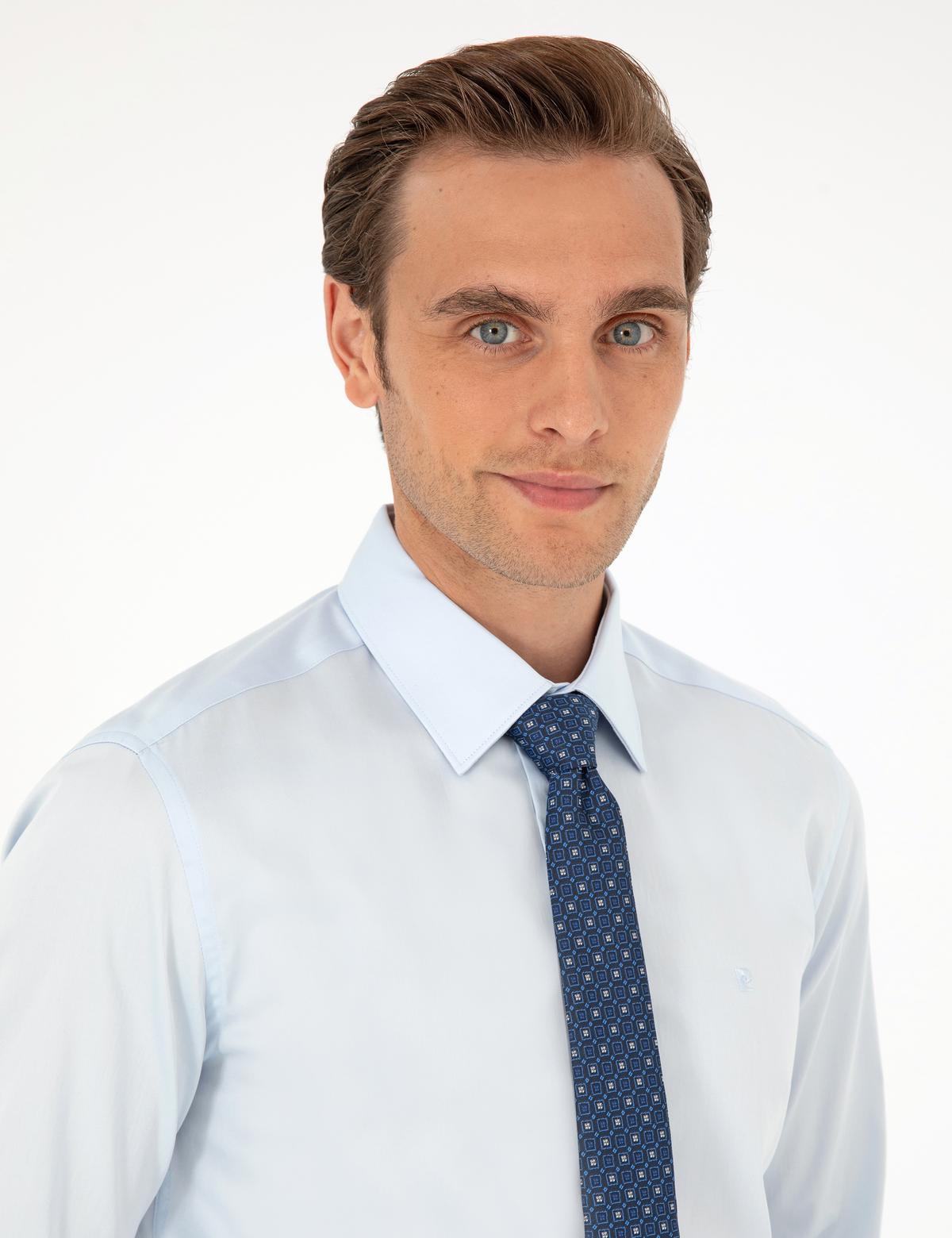 Açık Mavi Parlak Saten Slim Fit Uzun Kollu Basic Gömlek - 50292520006