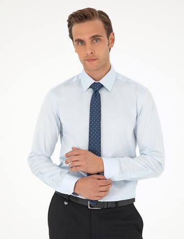 Açık Mavi %100 Pamuk Parlak Saten Slim Fit Uzun Kollu Basic Gömlek