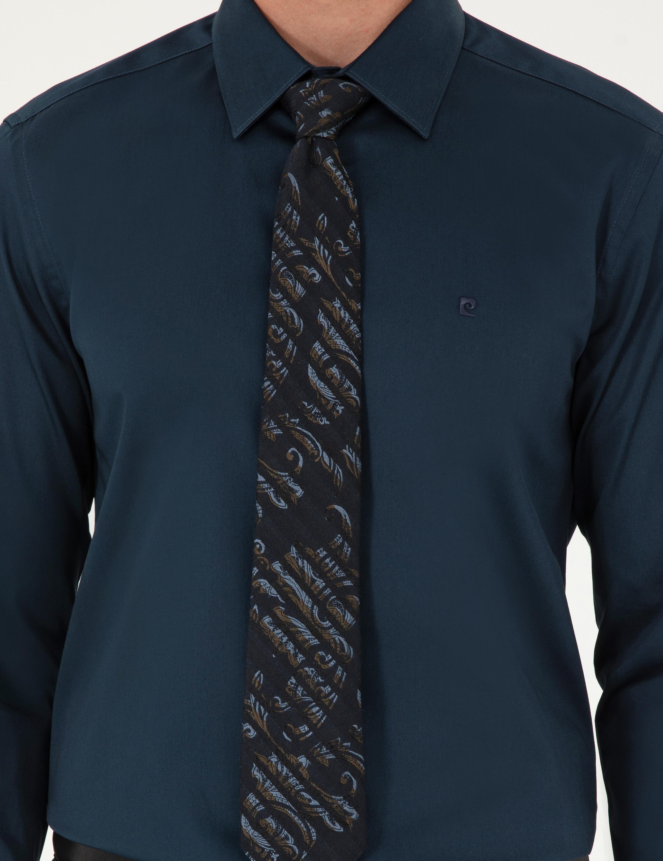 Lacivert Parlak Saten Slim Fit Uzun Kollu Basic Gömlek