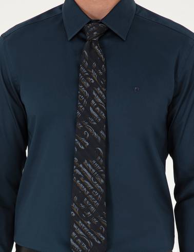 Lacivert %100 Pamuk Parlak Saten Slim Fit Uzun Kollu Basic Gömlek
