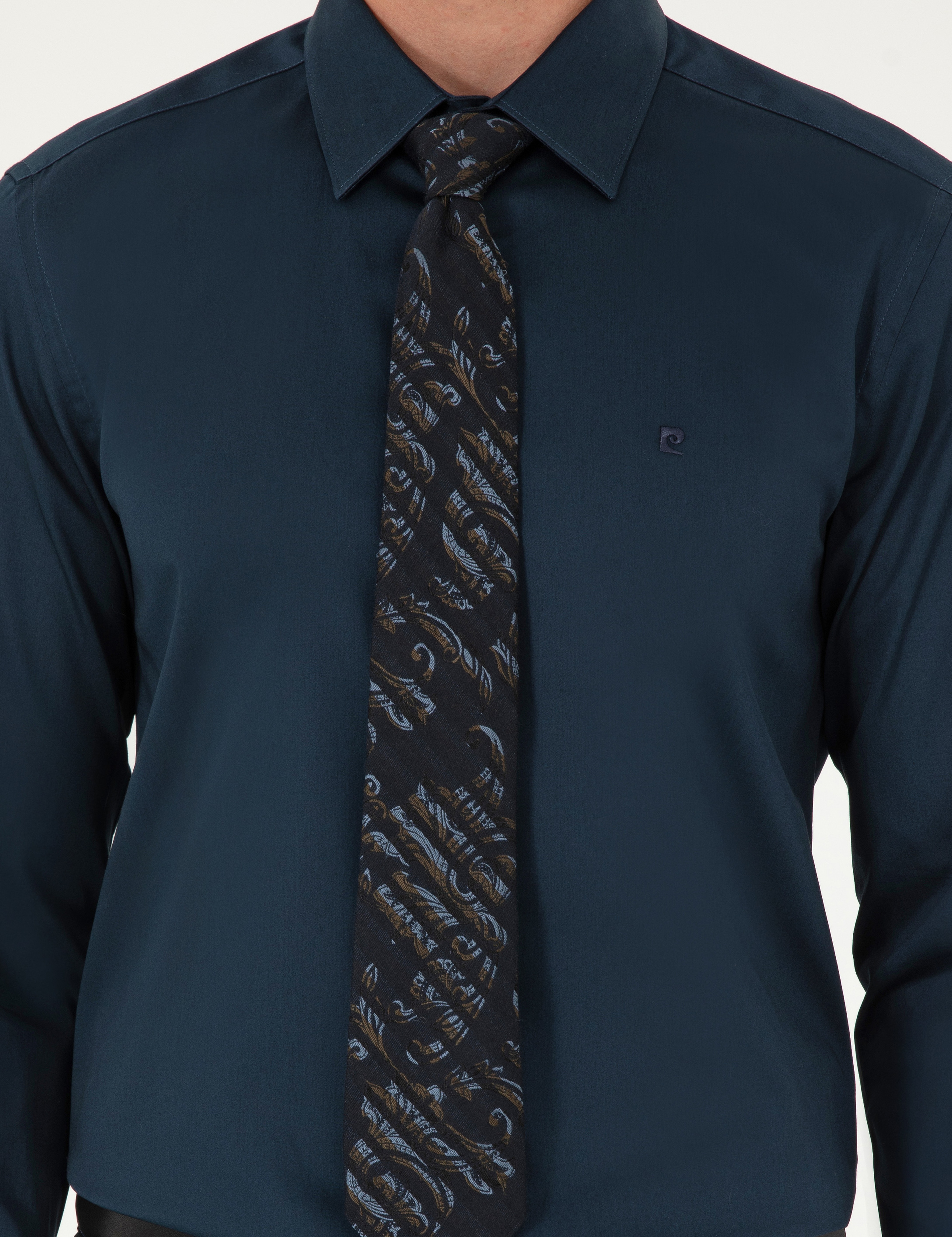 Lacivert %100 Pamuk Parlak Saten Slim Fit Uzun Kollu Basic Gömlek - Image 6