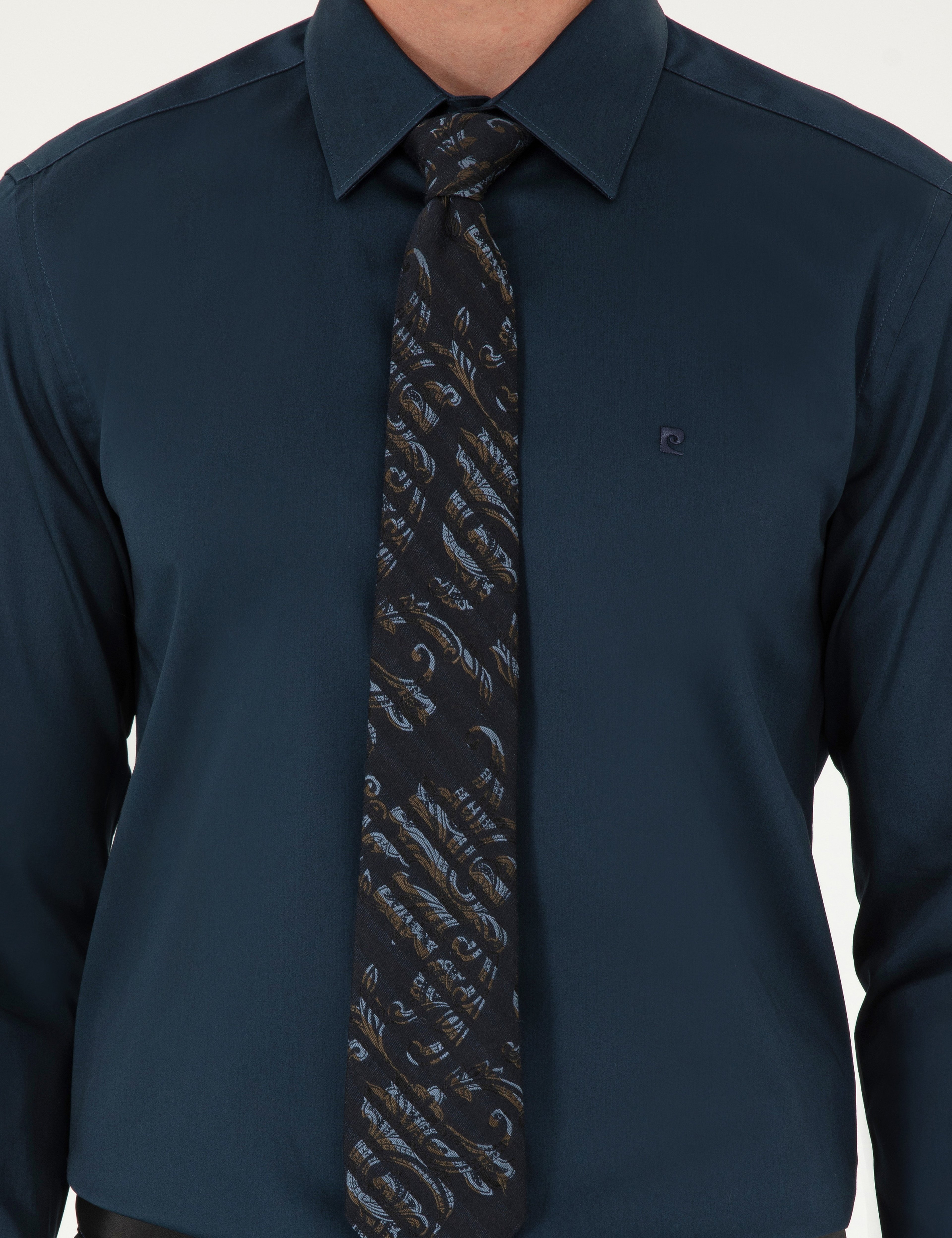 Lacivert %100 Pamuk Parlak Saten Slim Fit Uzun Kollu Basic Gömlek