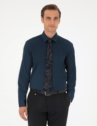 Lacivert %100 Pamuk Parlak Saten Slim Fit Uzun Kollu Basic Gömlek