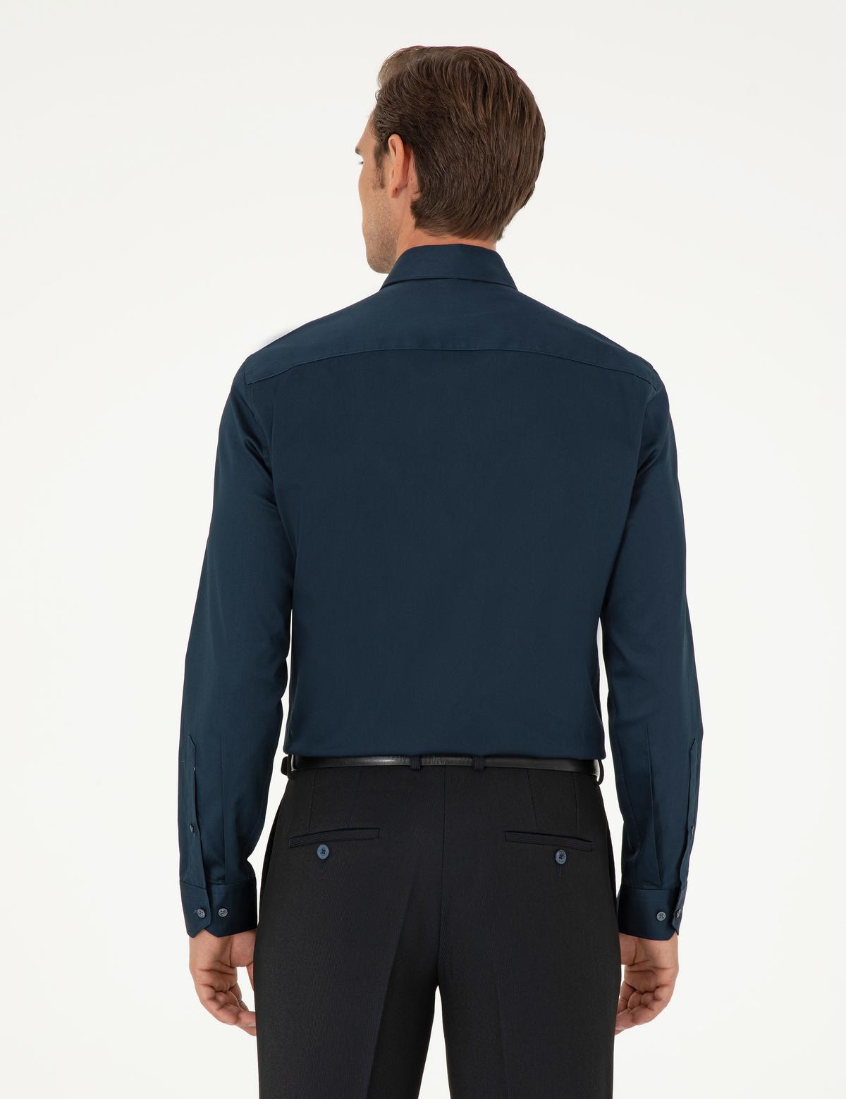 Lacivert Parlak Saten Slim Fit Uzun Kollu Basic Gömlek - 50292520042