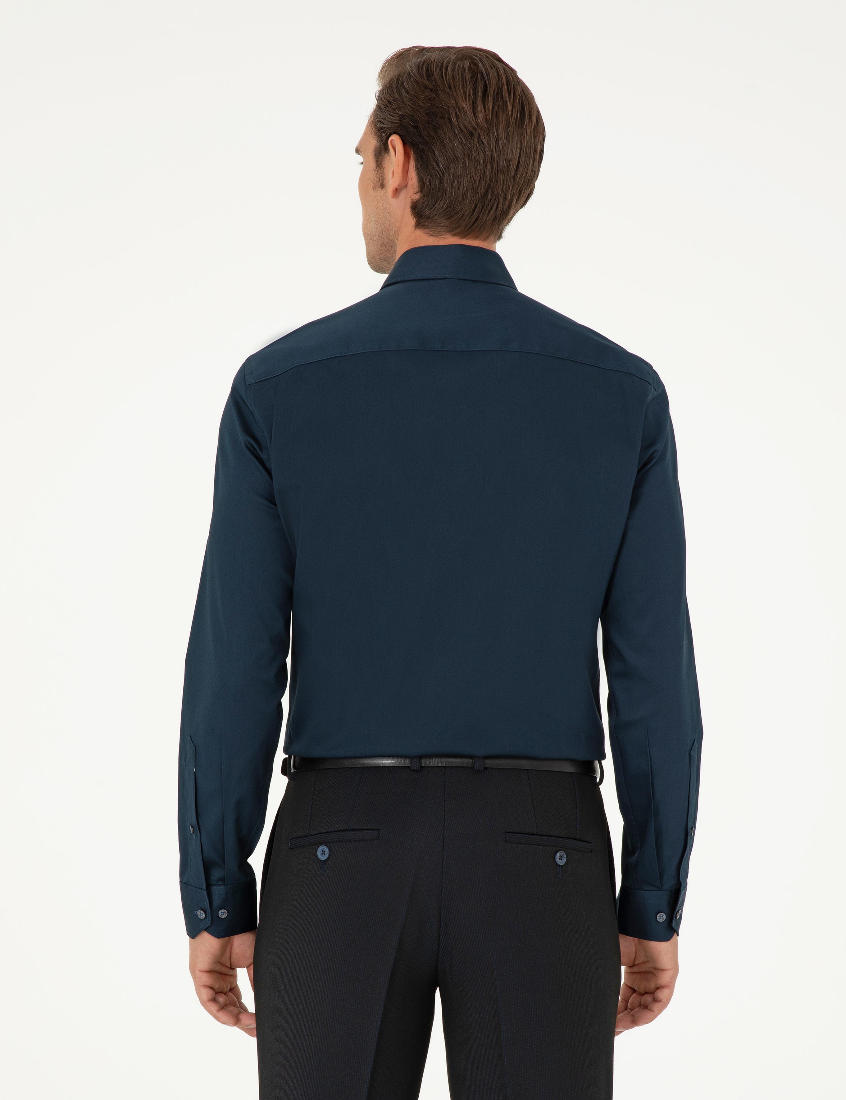 Lacivert Parlak Saten Slim Fit Uzun Kollu Basic Gömlek