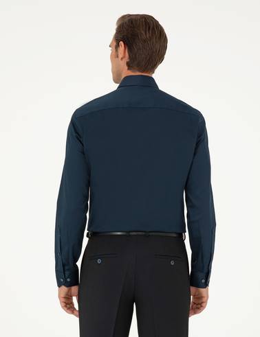 Lacivert %100 Pamuk Parlak Saten Slim Fit Uzun Kollu Basic Gömlek