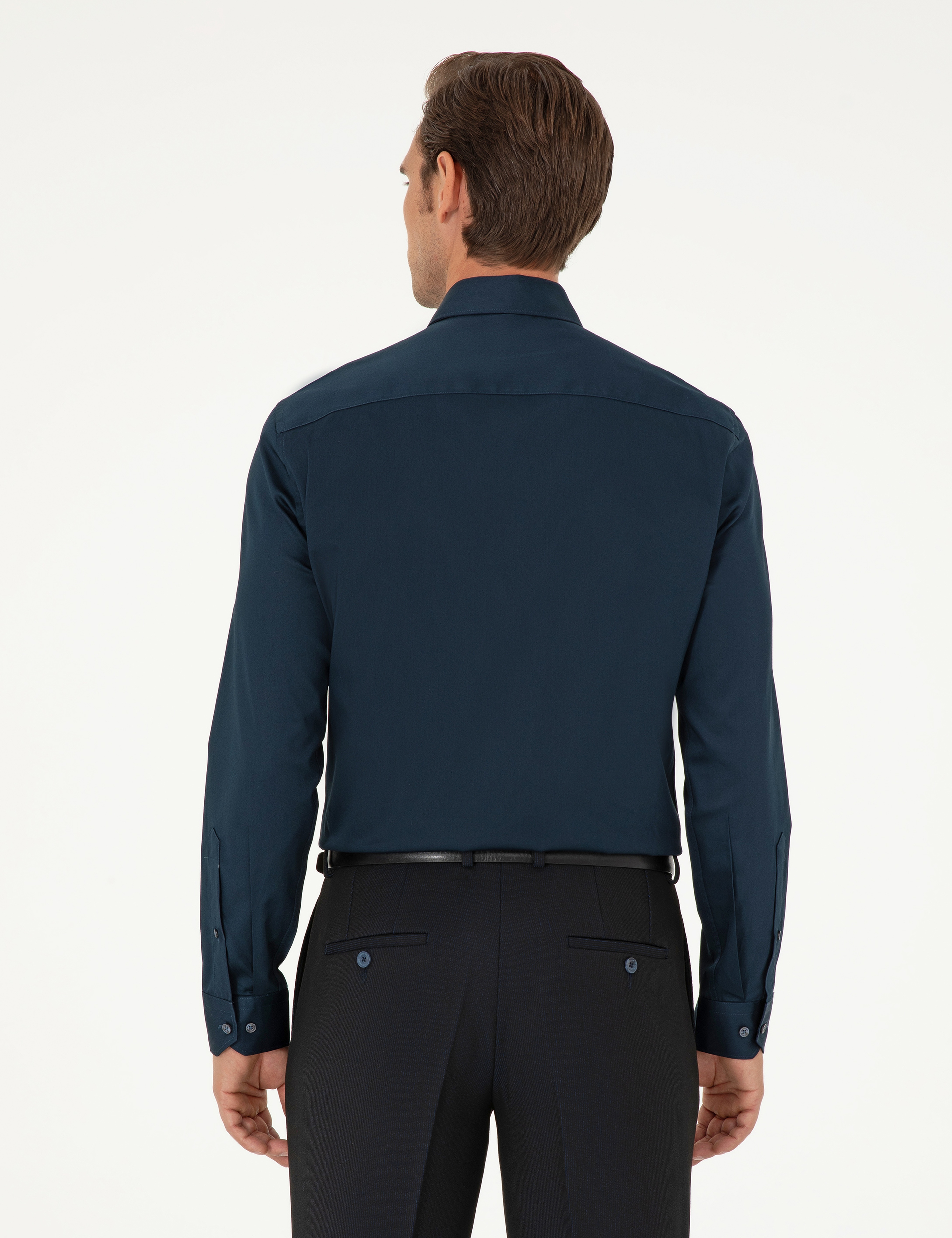 Lacivert %100 Pamuk Parlak Saten Slim Fit Uzun Kollu Basic Gömlek