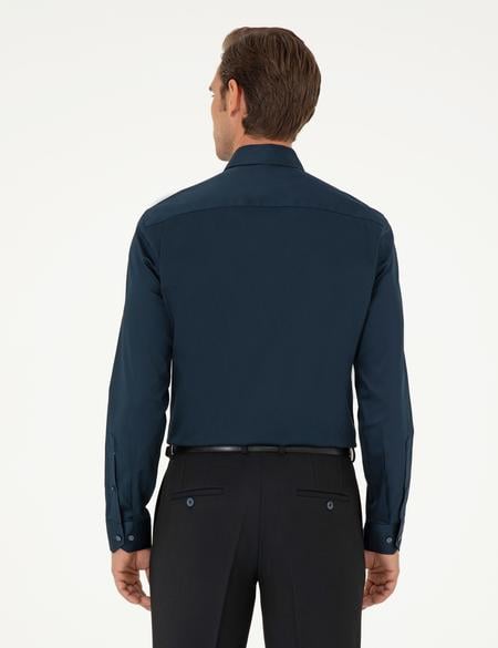Lacivert Parlak Saten Slim Fit Uzun Kollu Basic Gömlek - 50292520042