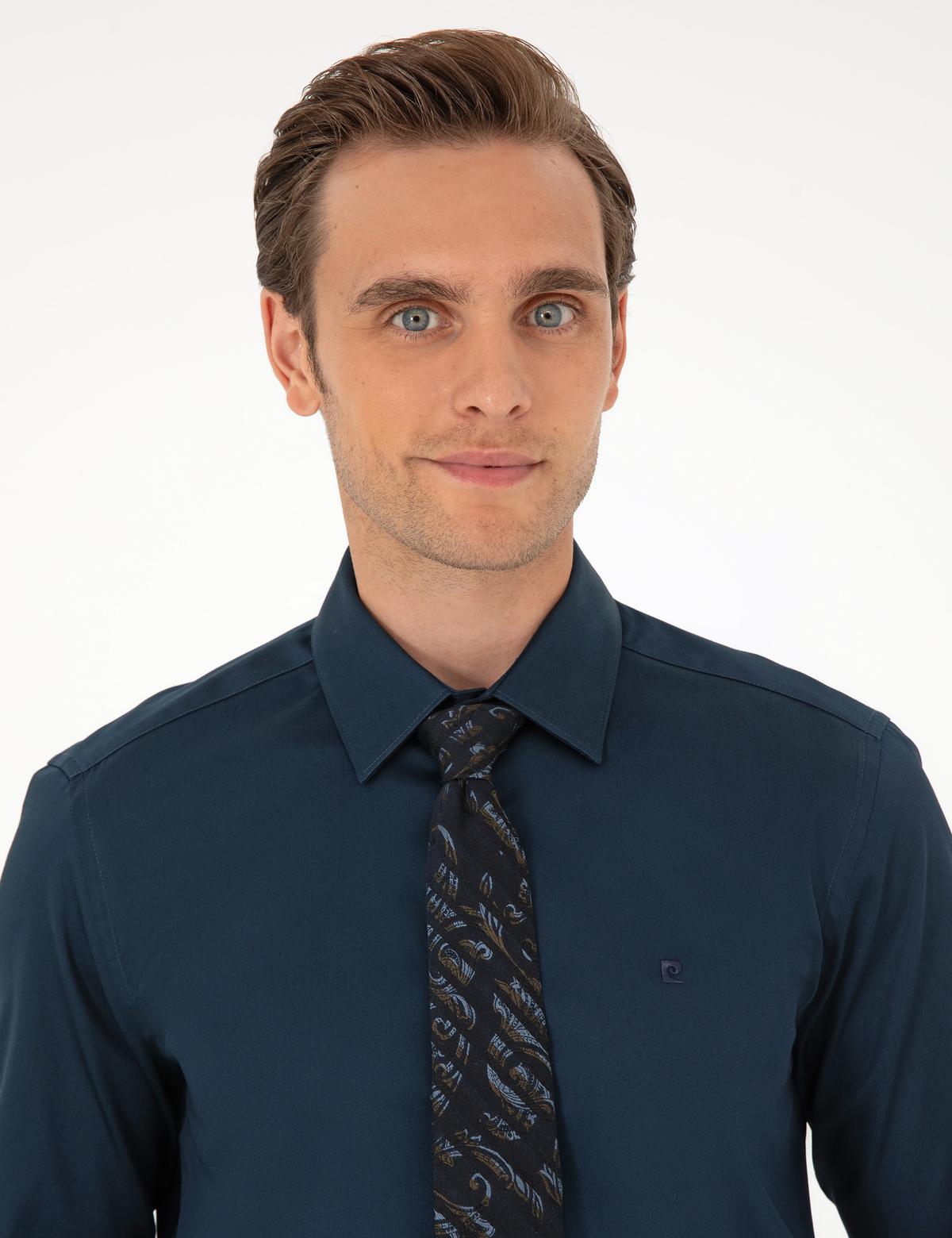 Lacivert Parlak Saten Slim Fit Uzun Kollu Basic Gömlek - 50292520042