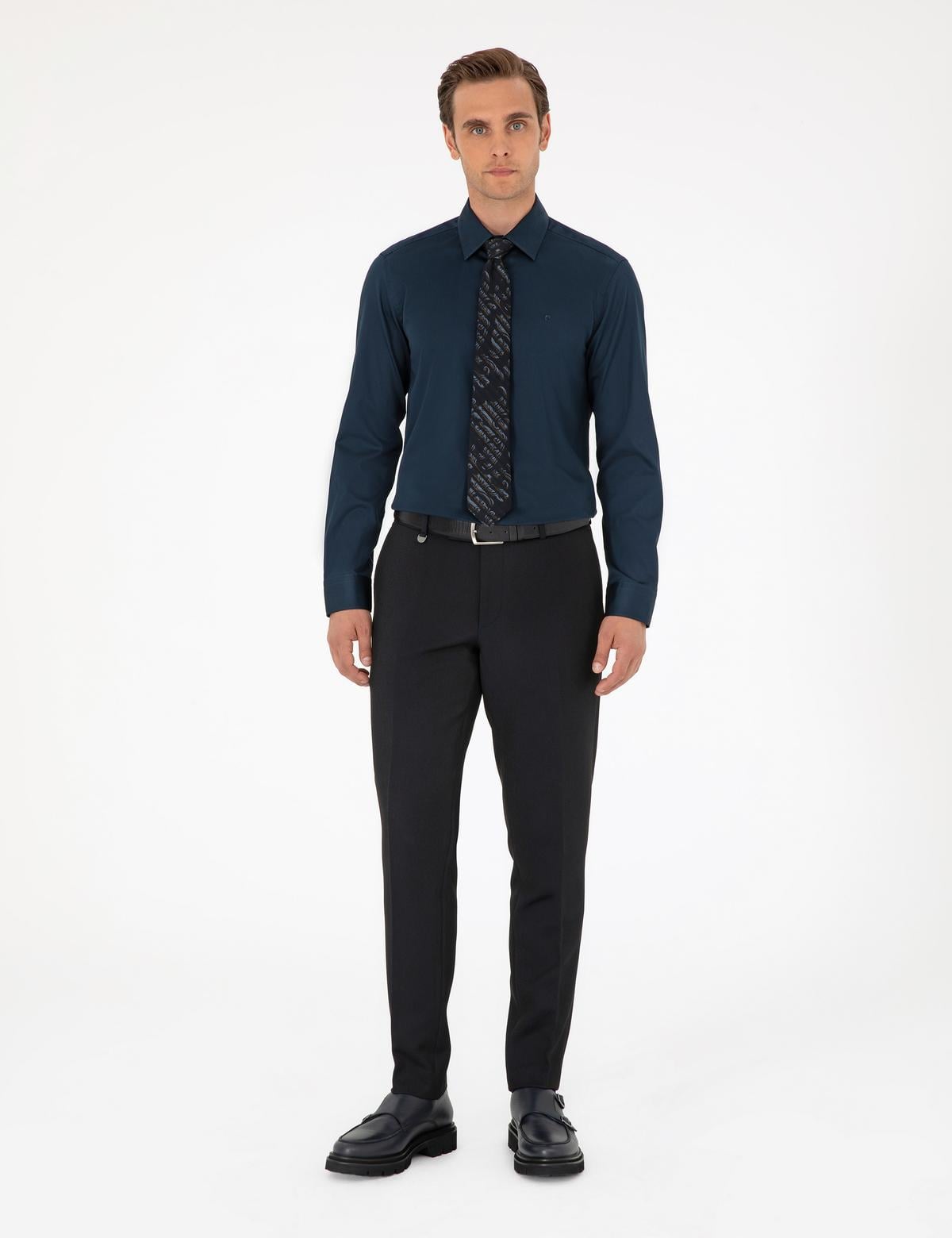 Lacivert Parlak Saten Slim Fit Uzun Kollu Basic Gömlek - 50292520042