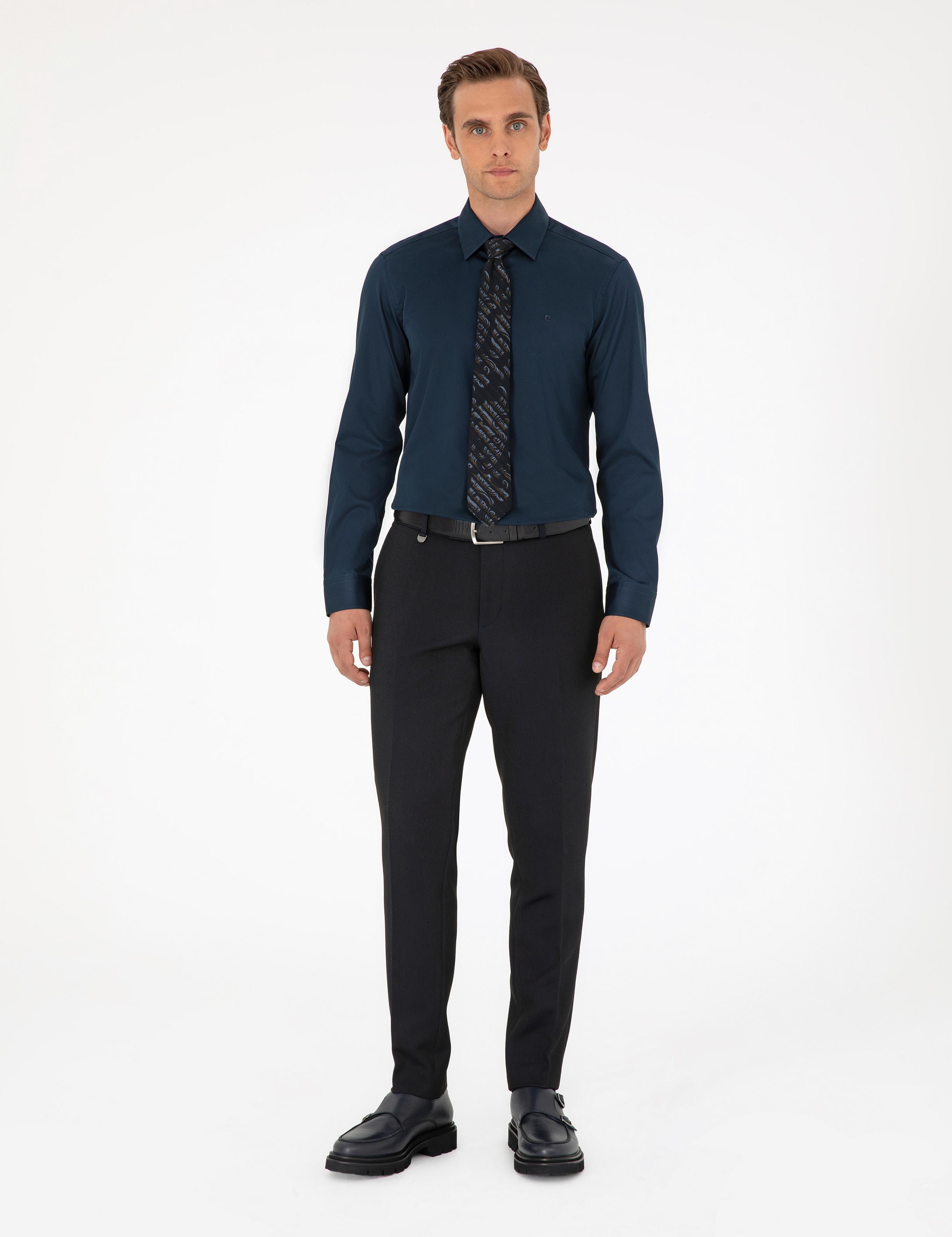 Lacivert Parlak Saten Slim Fit Uzun Kollu Basic Gömlek