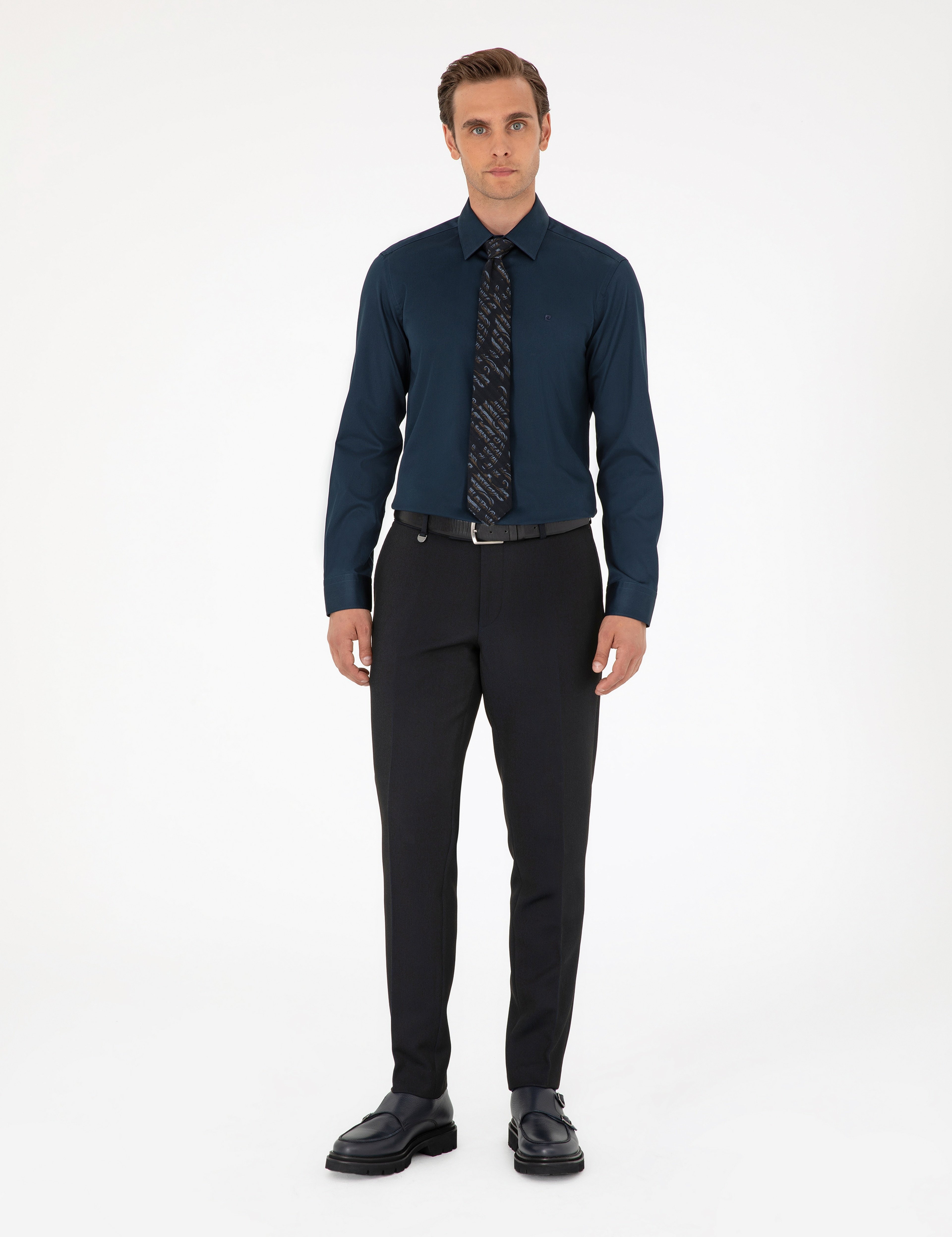 Lacivert %100 Pamuk Parlak Saten Slim Fit Uzun Kollu Basic Gömlek