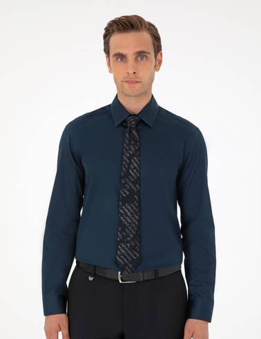 Lacivert %100 Pamuk Parlak Saten Slim Fit Uzun Kollu Basic Gömlek