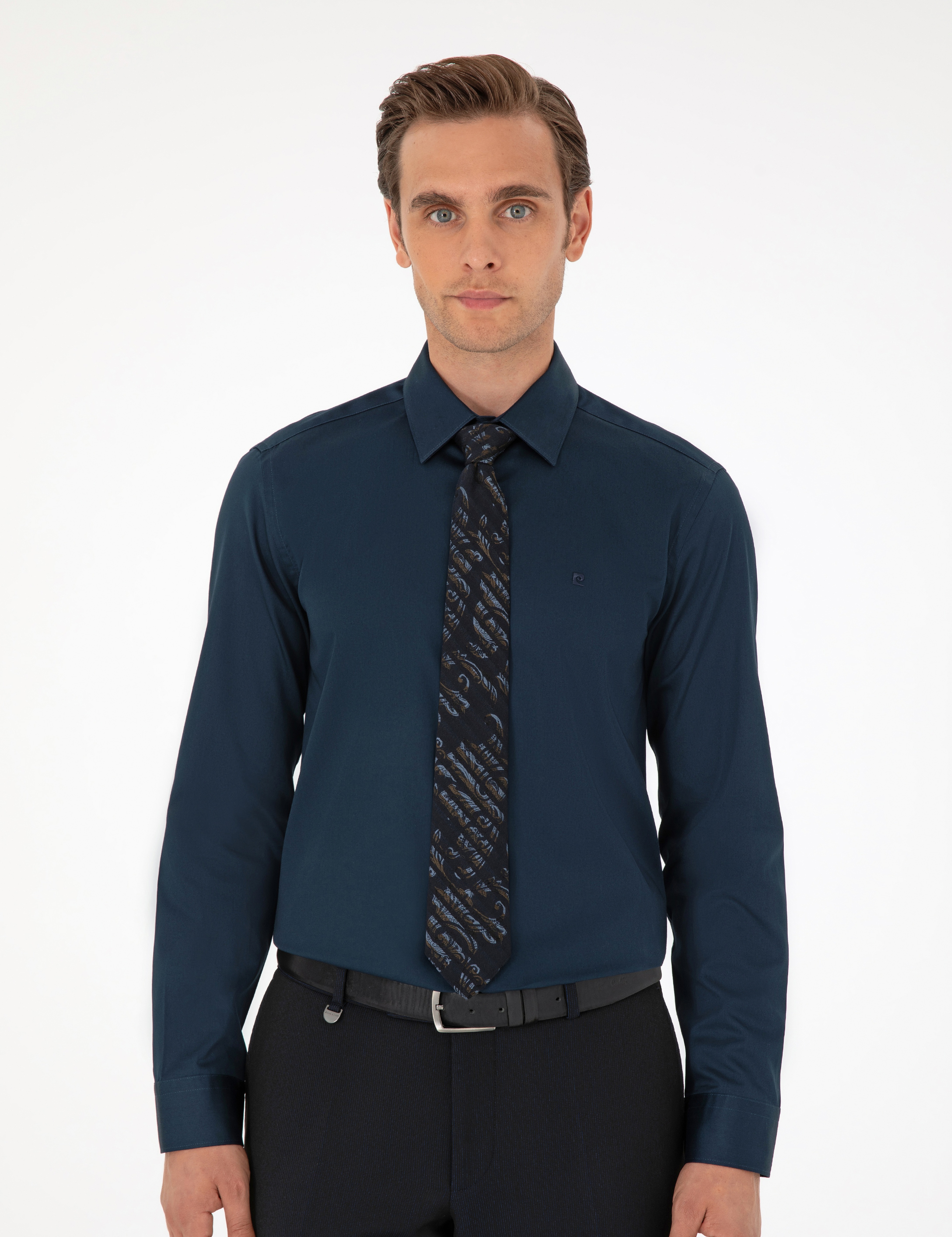 Lacivert %100 Pamuk Parlak Saten Slim Fit Uzun Kollu Basic Gömlek - Image 3