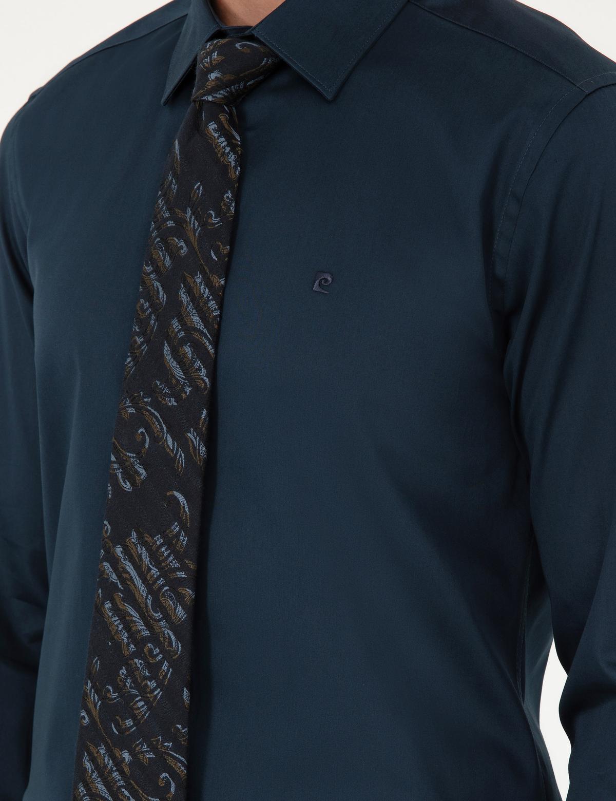 Lacivert Parlak Saten Slim Fit Uzun Kollu Basic Gömlek - 50292520042