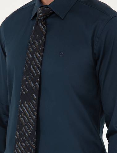 Lacivert %100 Pamuk Parlak Saten Slim Fit Uzun Kollu Basic Gömlek