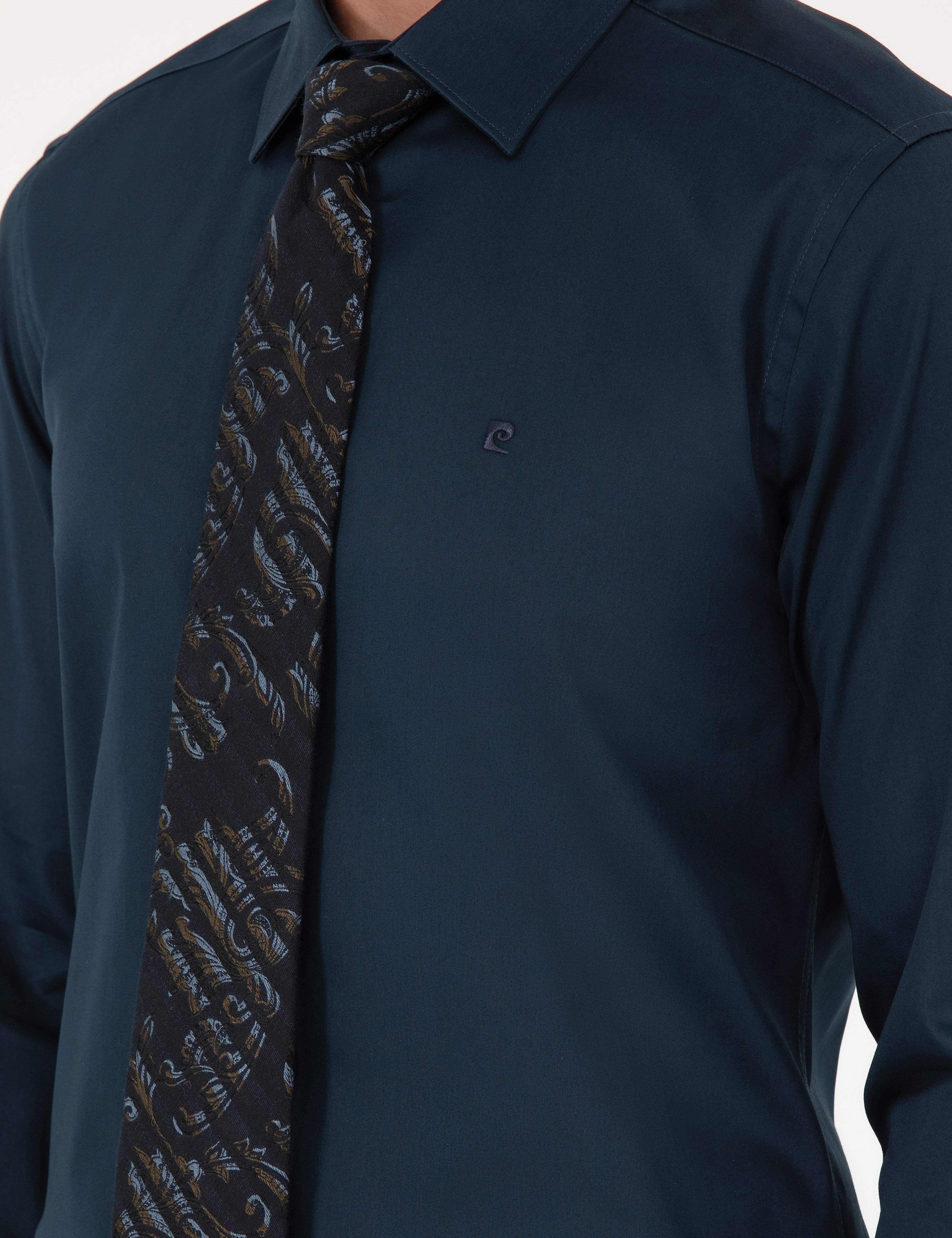 Lacivert %100 Pamuk Parlak Saten Slim Fit Uzun Kollu Basic Gömlek