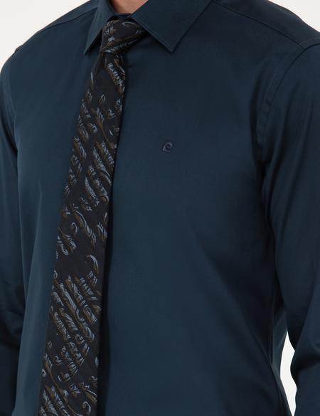 Lacivert Parlak Saten Slim Fit Uzun Kollu Basic Gömlek - 50292520042
