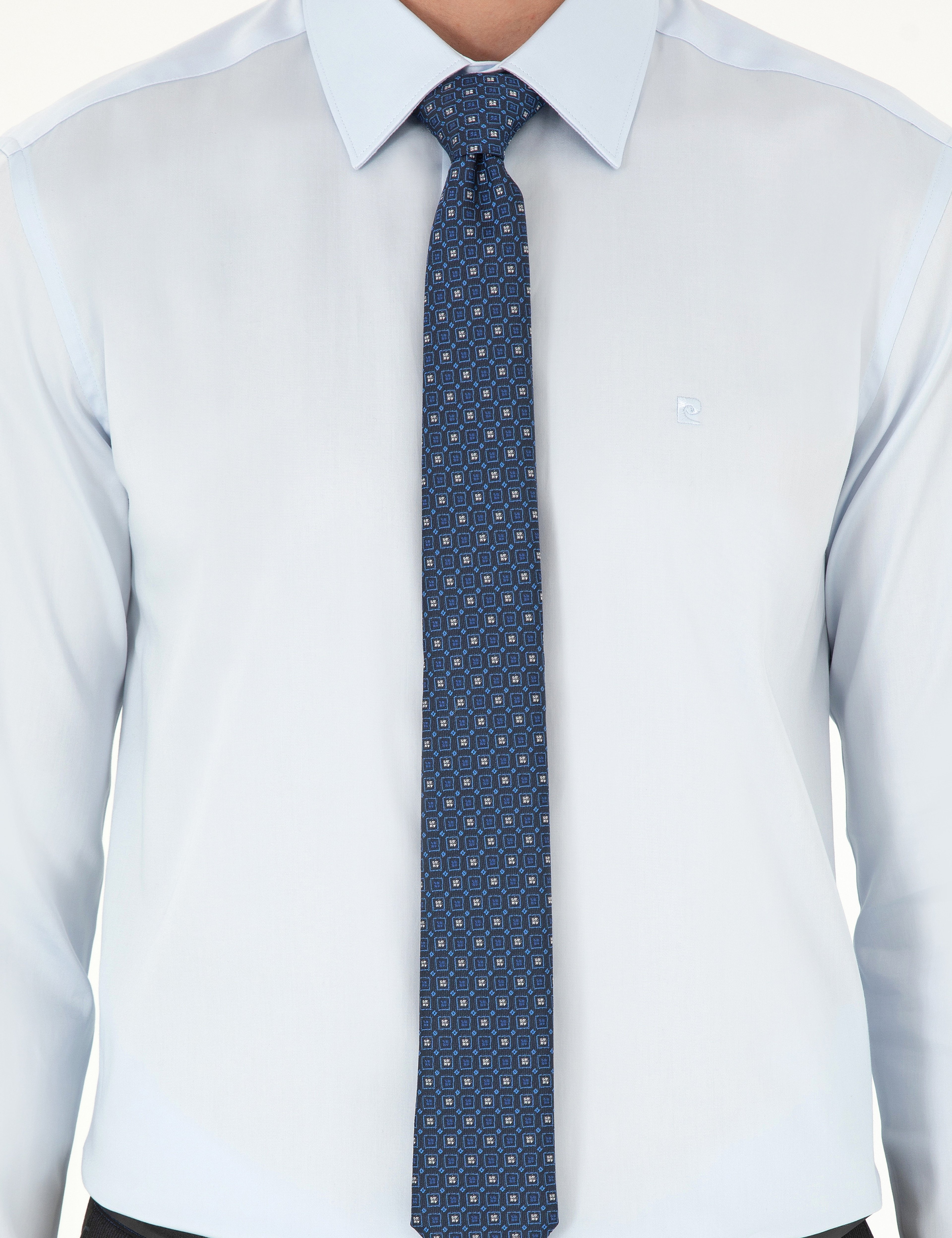 Açık Mavi %100 Pamuk Parlak Saten Slim Fit Uzun Kollu Basic Gömlek - Image 6