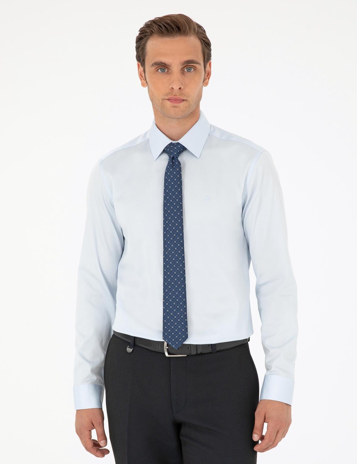 Açık Mavi Parlak Saten Slim Fit Uzun Kollu Basic Gömlek