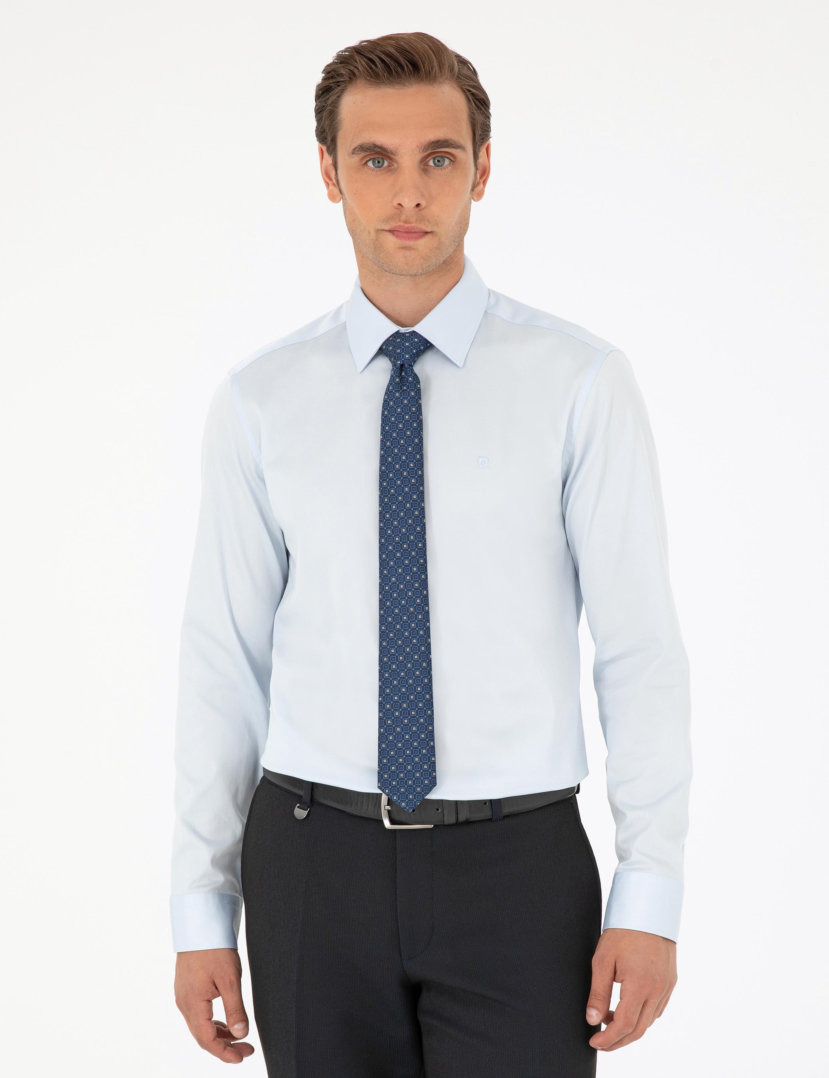 Açık Mavi Parlak Saten Slim Fit Uzun Kollu Basic Gömlek