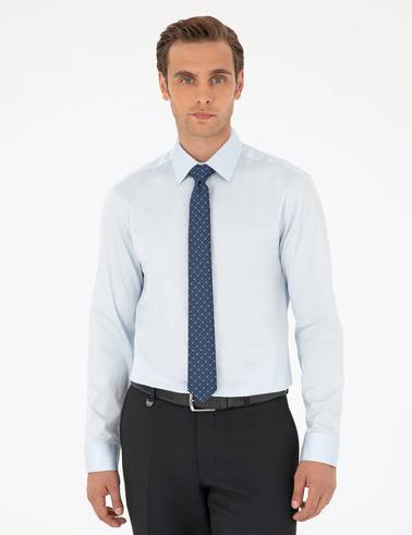 Açık Mavi %100 Pamuk Parlak Saten Slim Fit Uzun Kollu Basic Gömlek