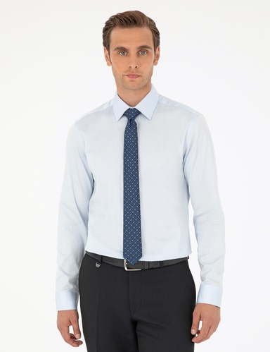 Açık Mavi %100 Pamuk Parlak Saten Slim Fit Uzun Kollu Basic Gömlek