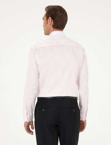 Açık Pembe %100 Pamuk Parlak Saten Slim Fit Uzun Kollu Basic Gömlek