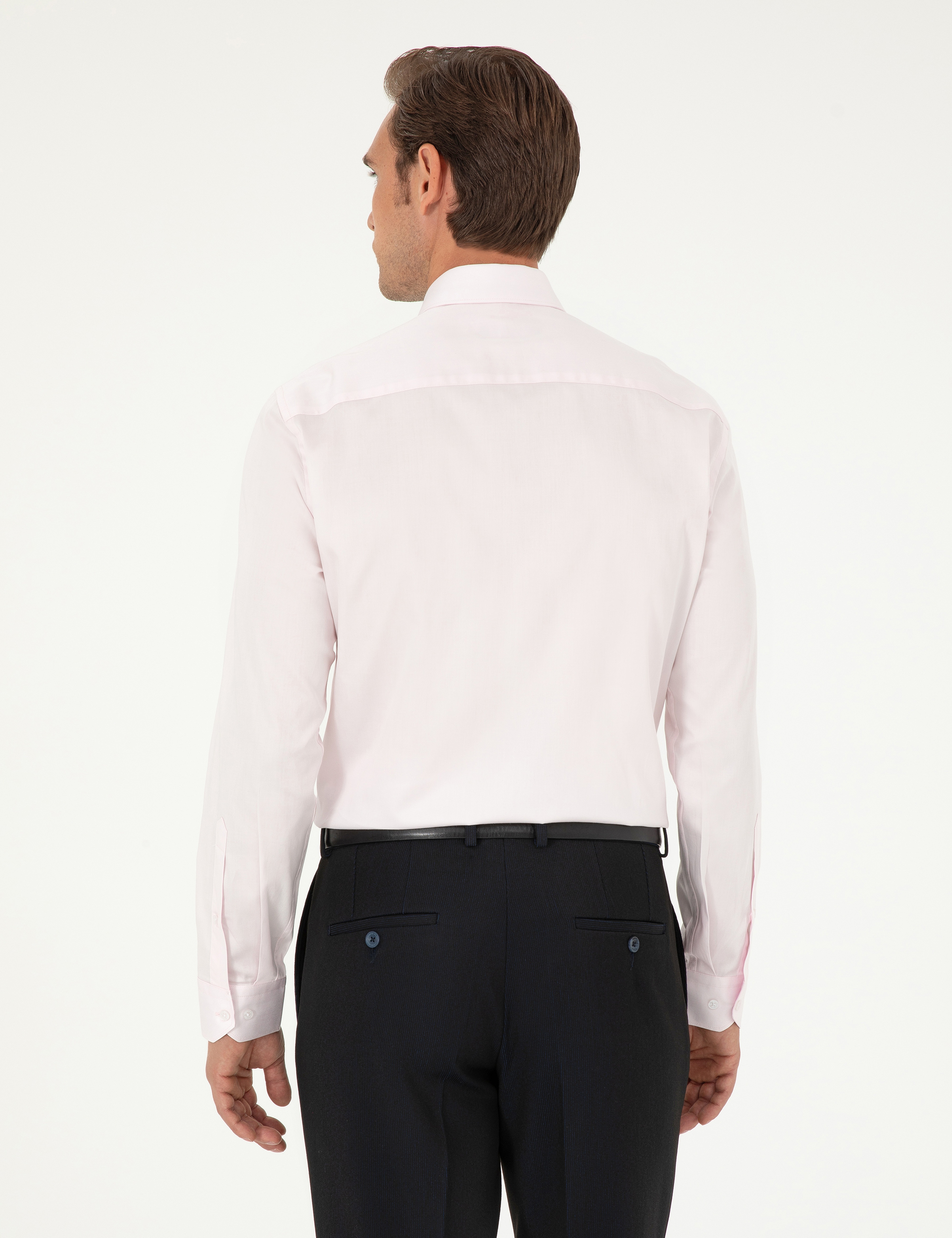 Açık Pembe %100 Pamuk Parlak Saten Slim Fit Uzun Kollu Basic Gömlek - Image 5