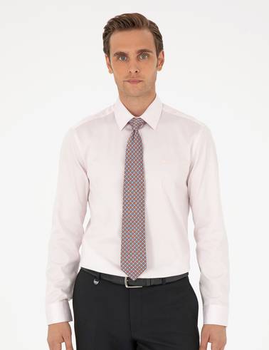 Açık Pembe %100 Pamuk Parlak Saten Slim Fit Uzun Kollu Basic Gömlek
