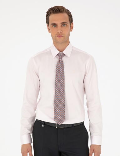 Açık Pembe %100 Pamuk Parlak Saten Slim Fit Uzun Kollu Basic Gömlek