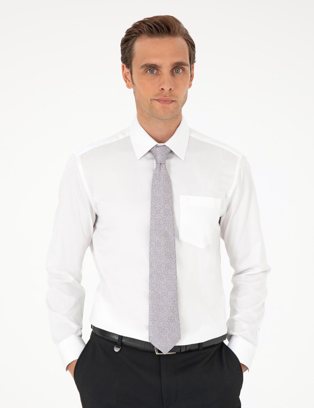 Beyaz Parlak Saten Regular Fit Uzun Kollu Basic Gömlek - 50292536014