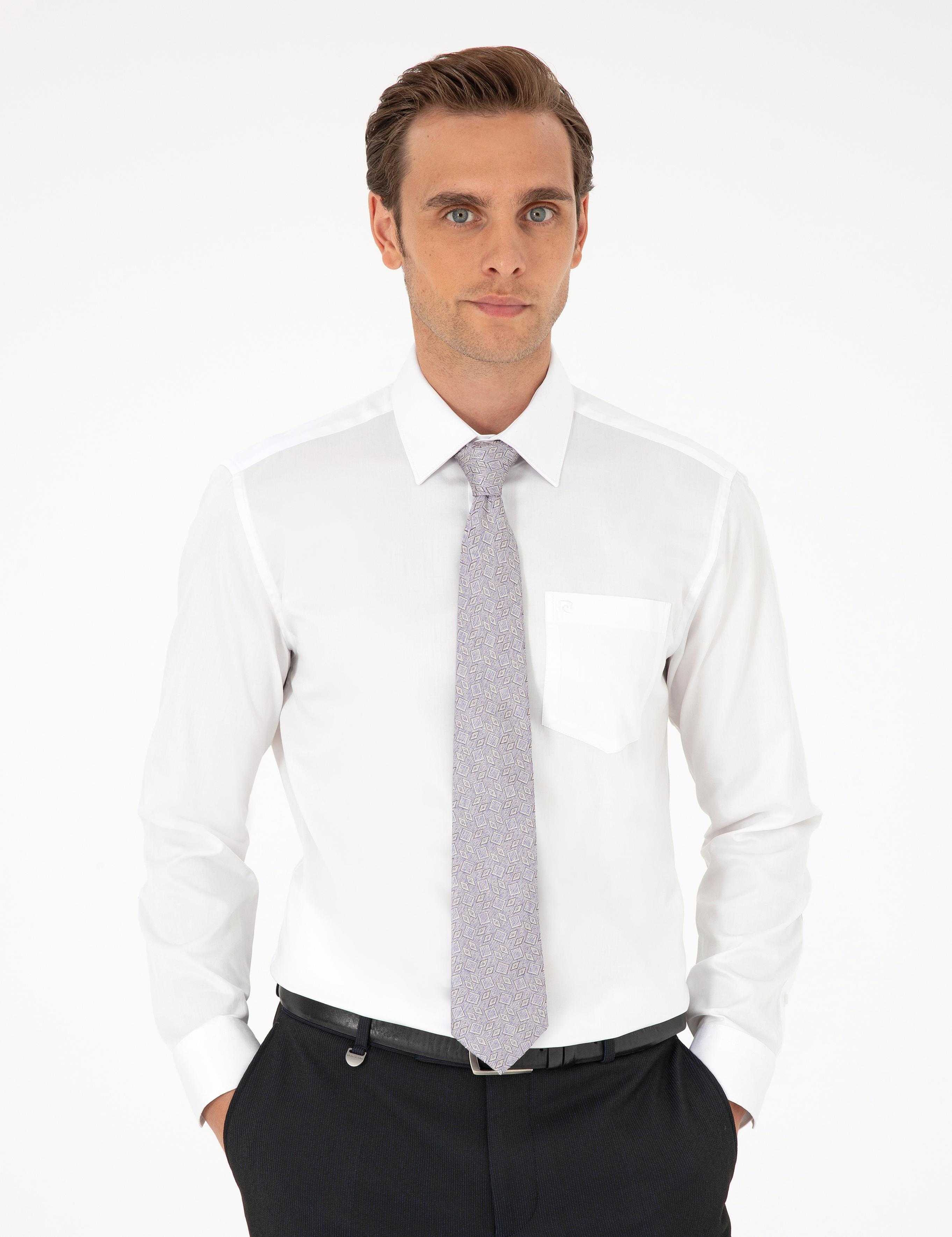 Beyaz Parlak Saten Regular Fit Uzun Kollu Basic Gömlek