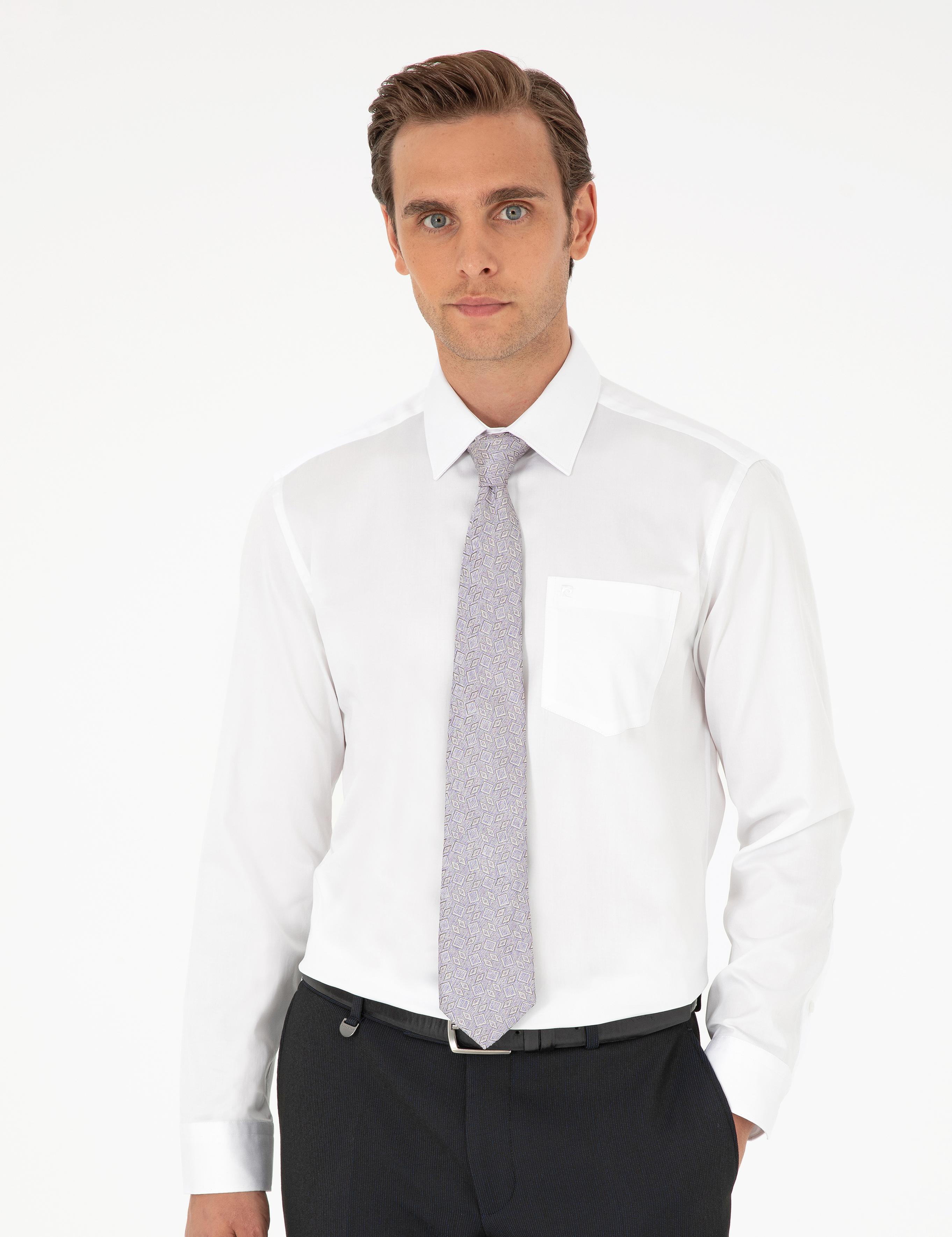 Beyaz Parlak Saten Regular Fit Uzun Kollu Basic Gömlek