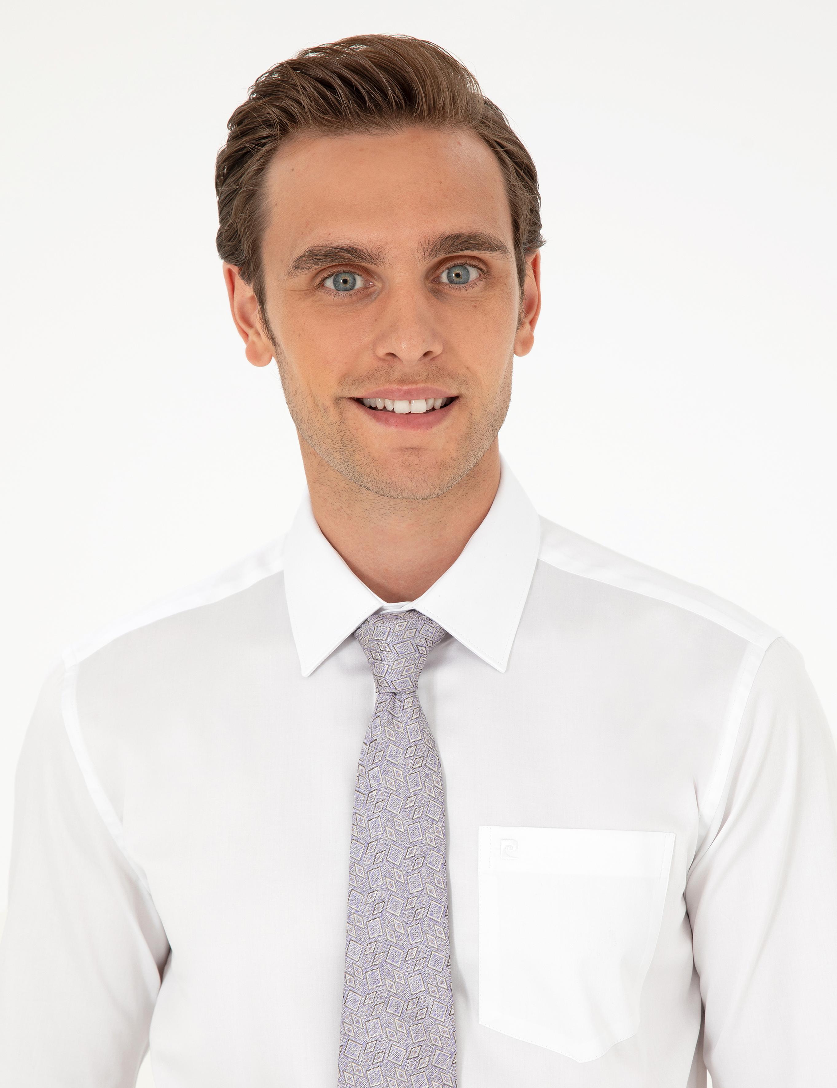 Beyaz Parlak Saten Regular Fit Uzun Kollu Basic Gömlek