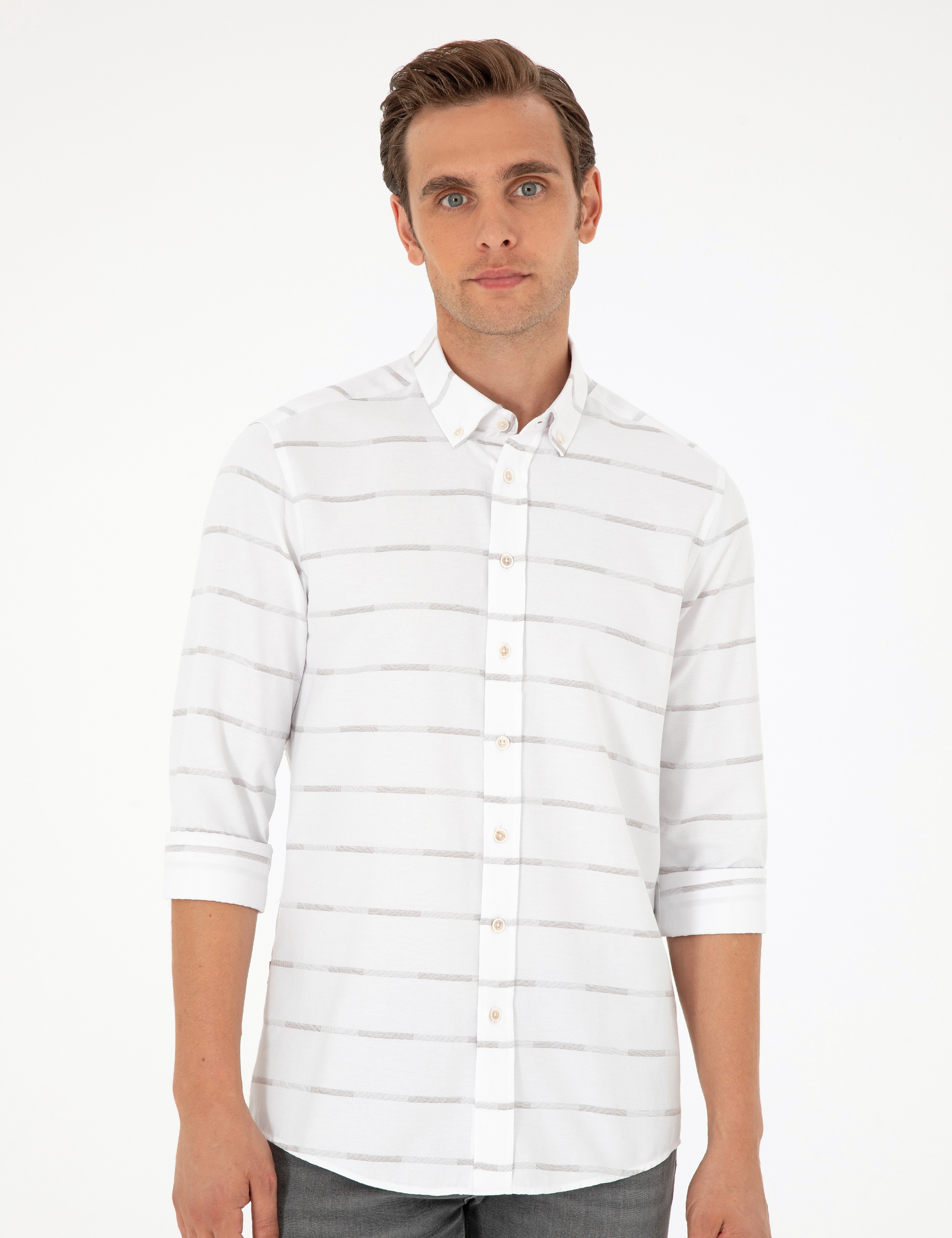 Bej Slim Fit Uzun Kollu Gömlek