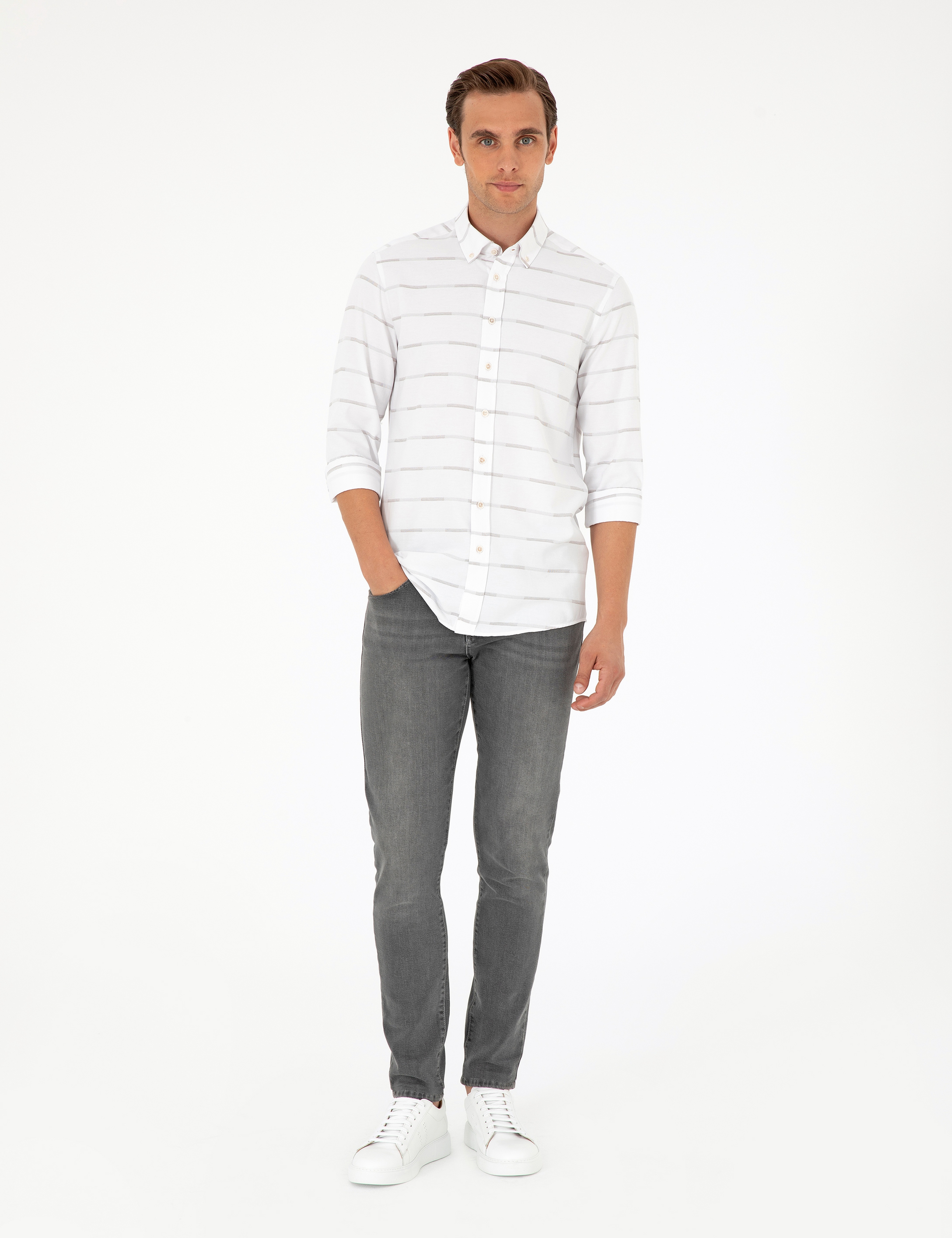 Bej Slim Fit Uzun Kollu Gömlek - Image 4