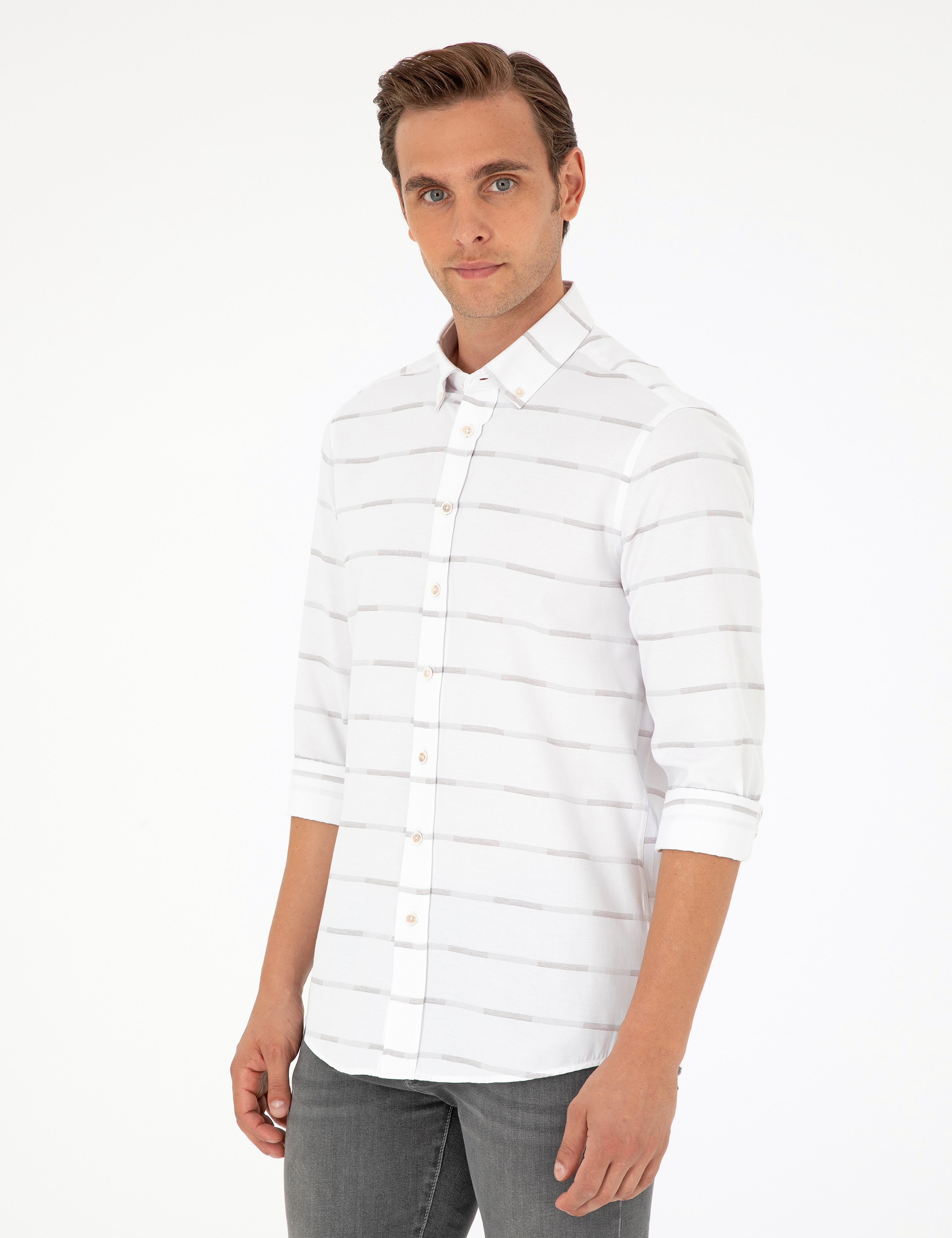 Bej Slim Fit Uzun Kollu Gömlek - Image 1