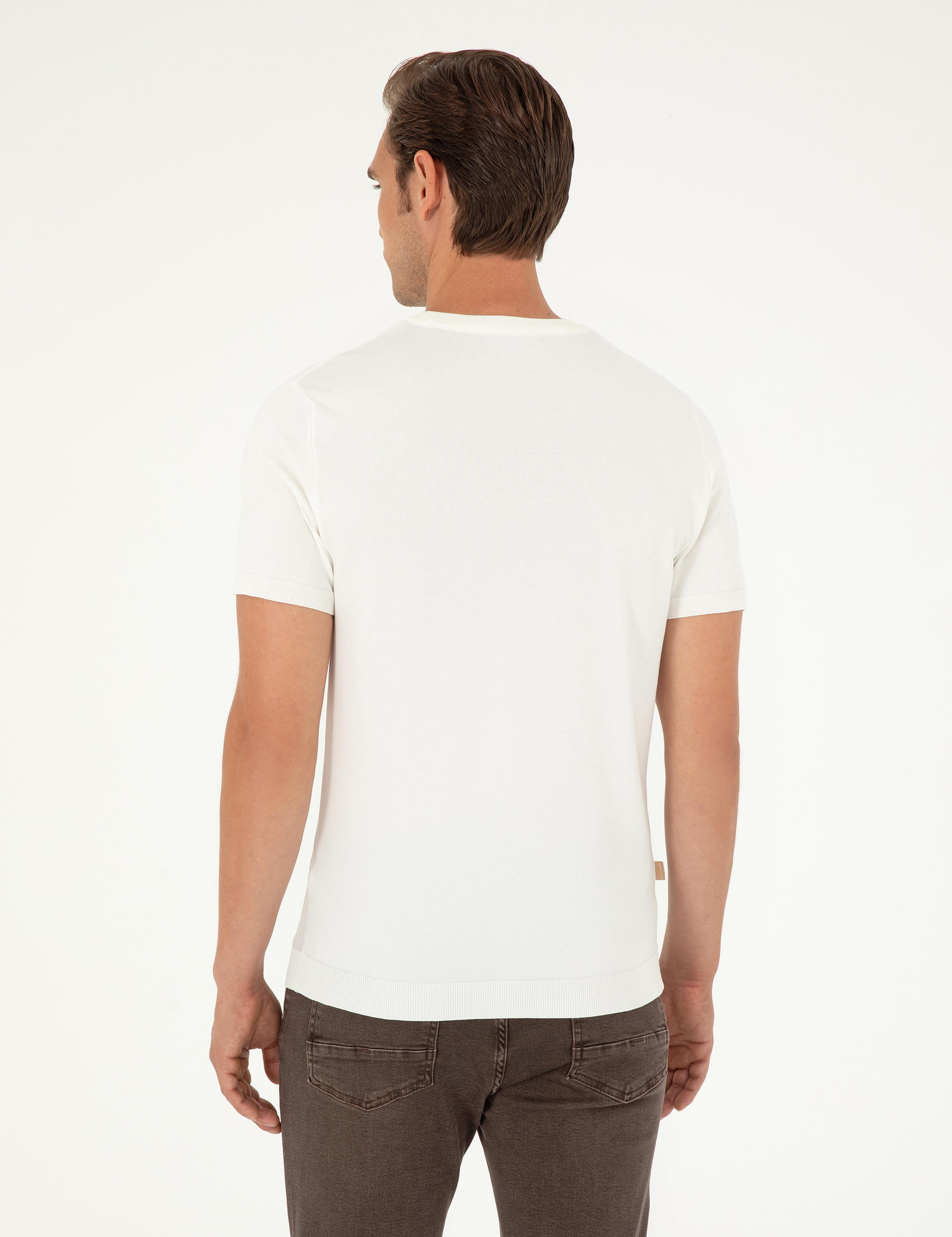 Ekru Slim Fit Bisiklet Yaka Triko Tişört