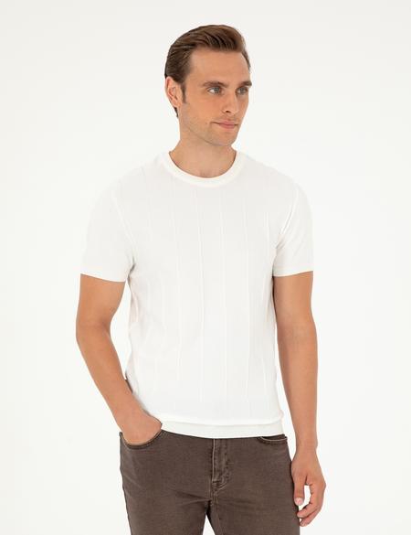 Ekru Slim Fit Bisiklet Yaka Triko Tişört - 50302451007