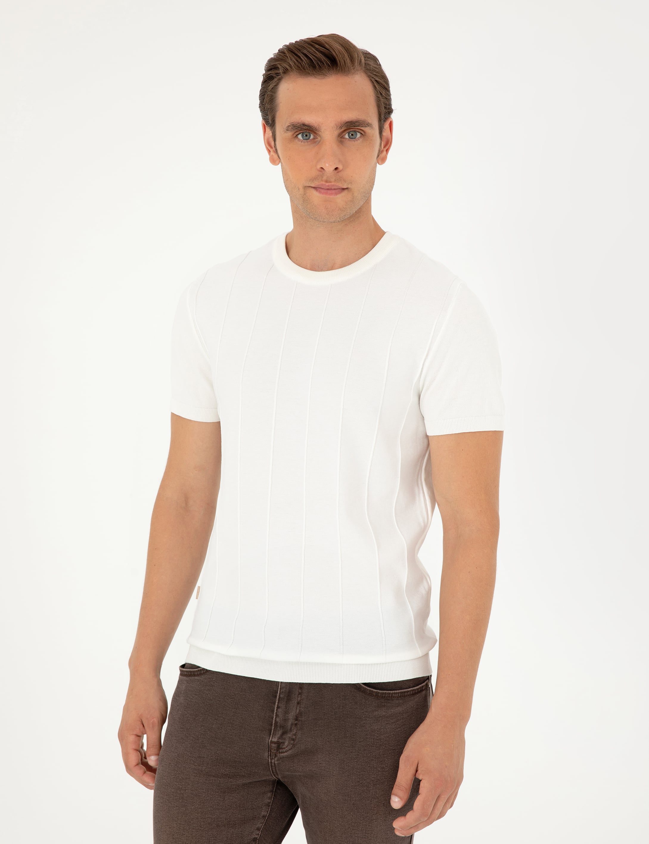 Ekru Slim Fit Bisiklet Yaka Triko Tişört