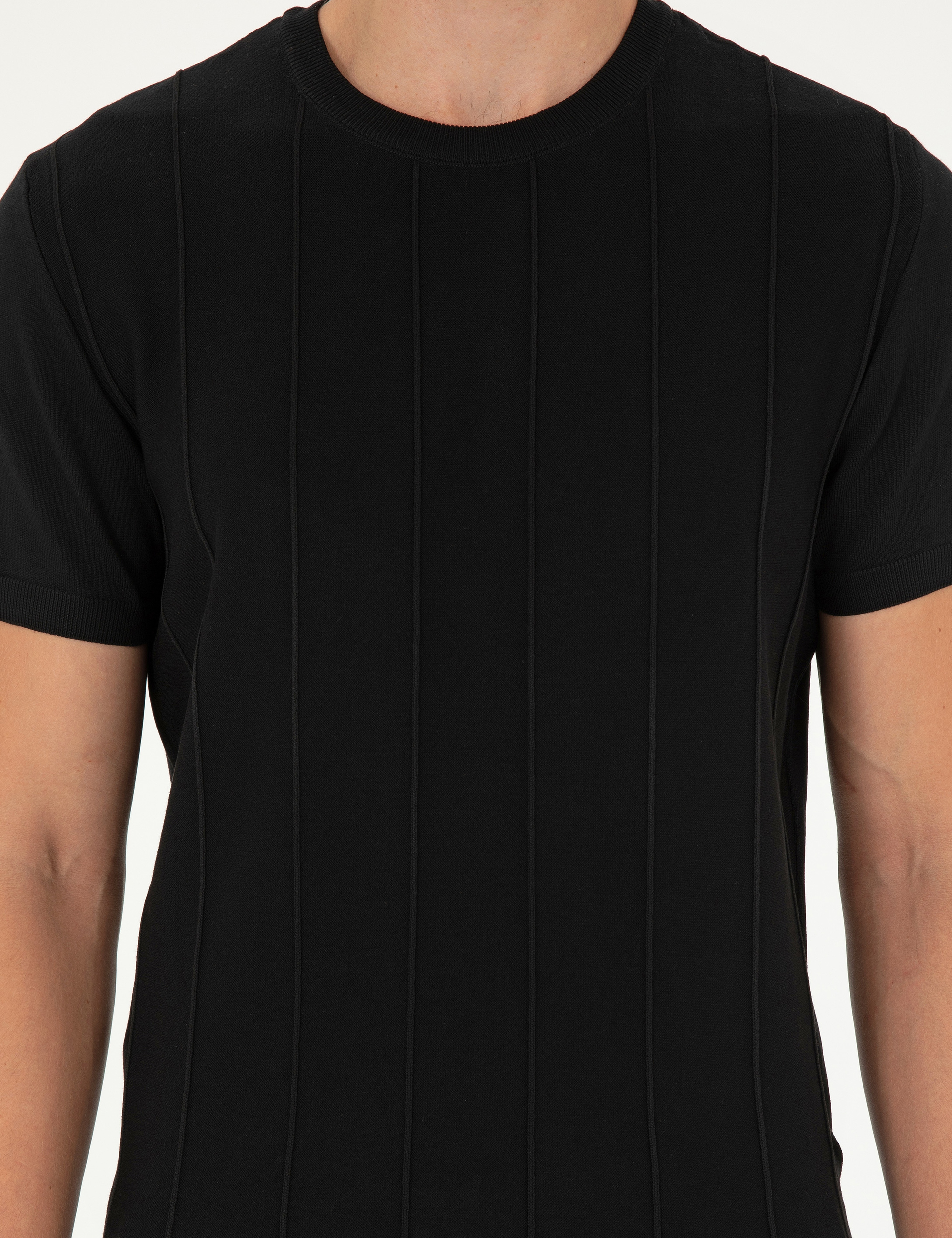Siyah Slim Fit Bisiklet Yaka Triko Tişört - Image 6