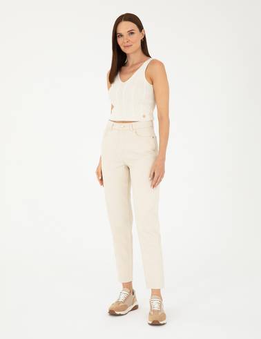 Bej Mom Fit Jean Pantolon
