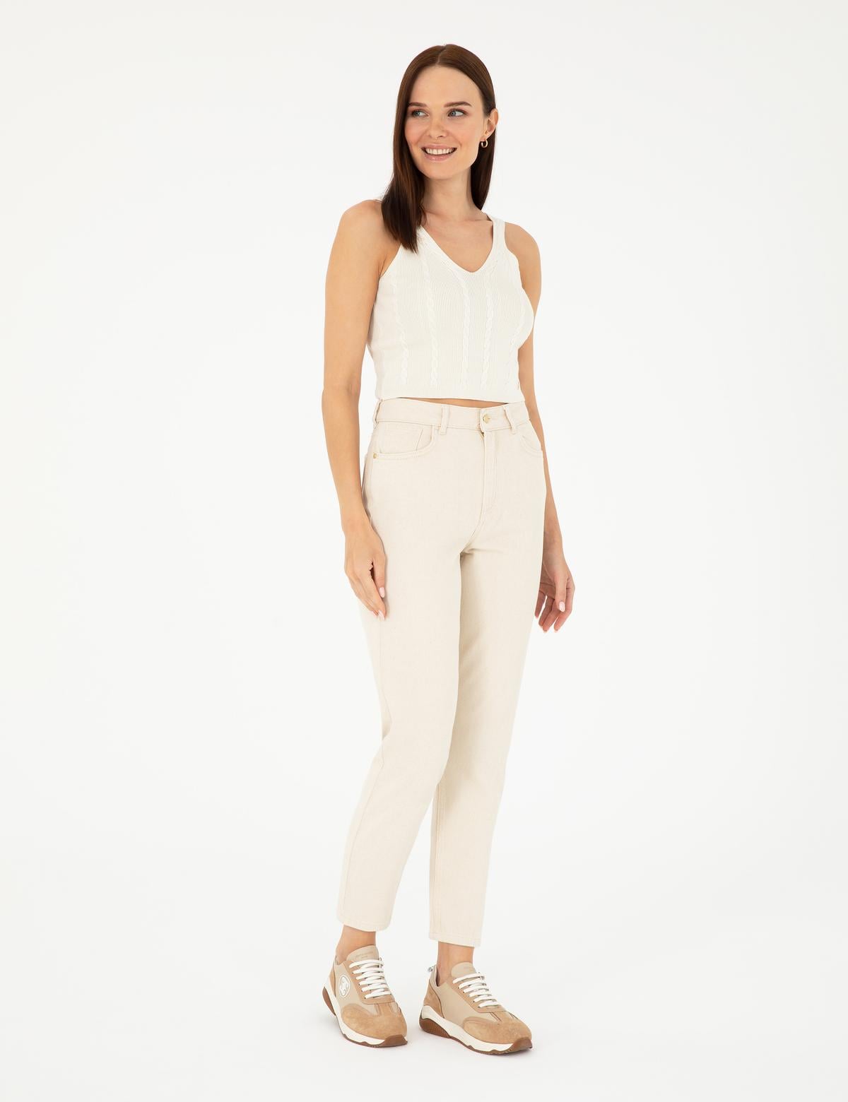 Bej Mom Fit Jean Pantolon