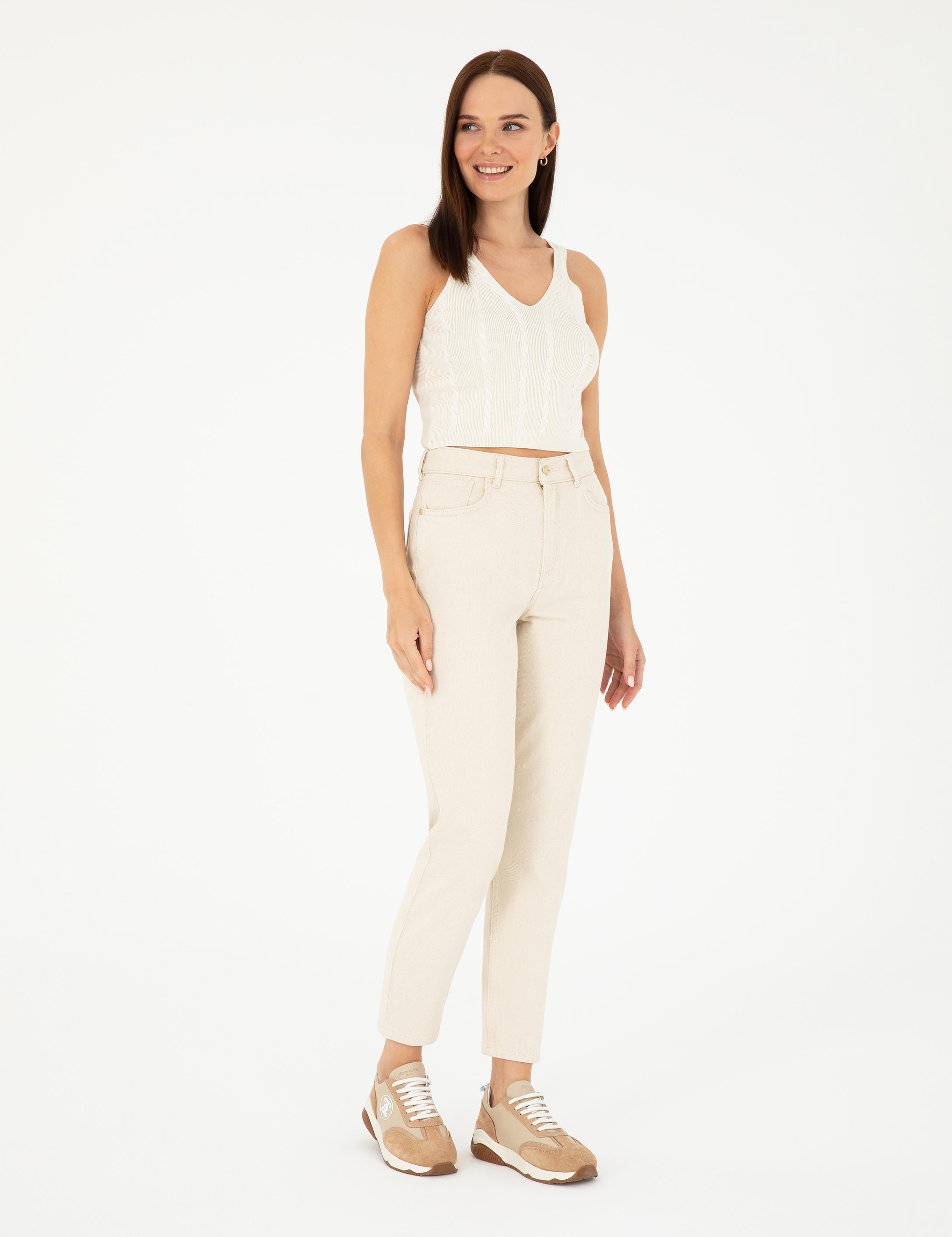 Bej Mom Fit Jean Pantolon