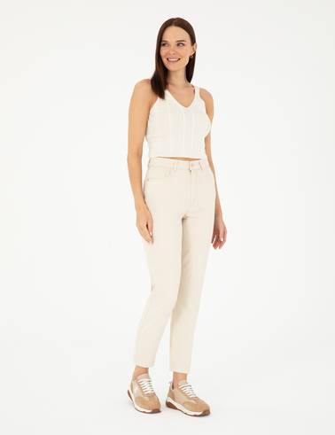 Bej Mom Fit Jean Pantolon
