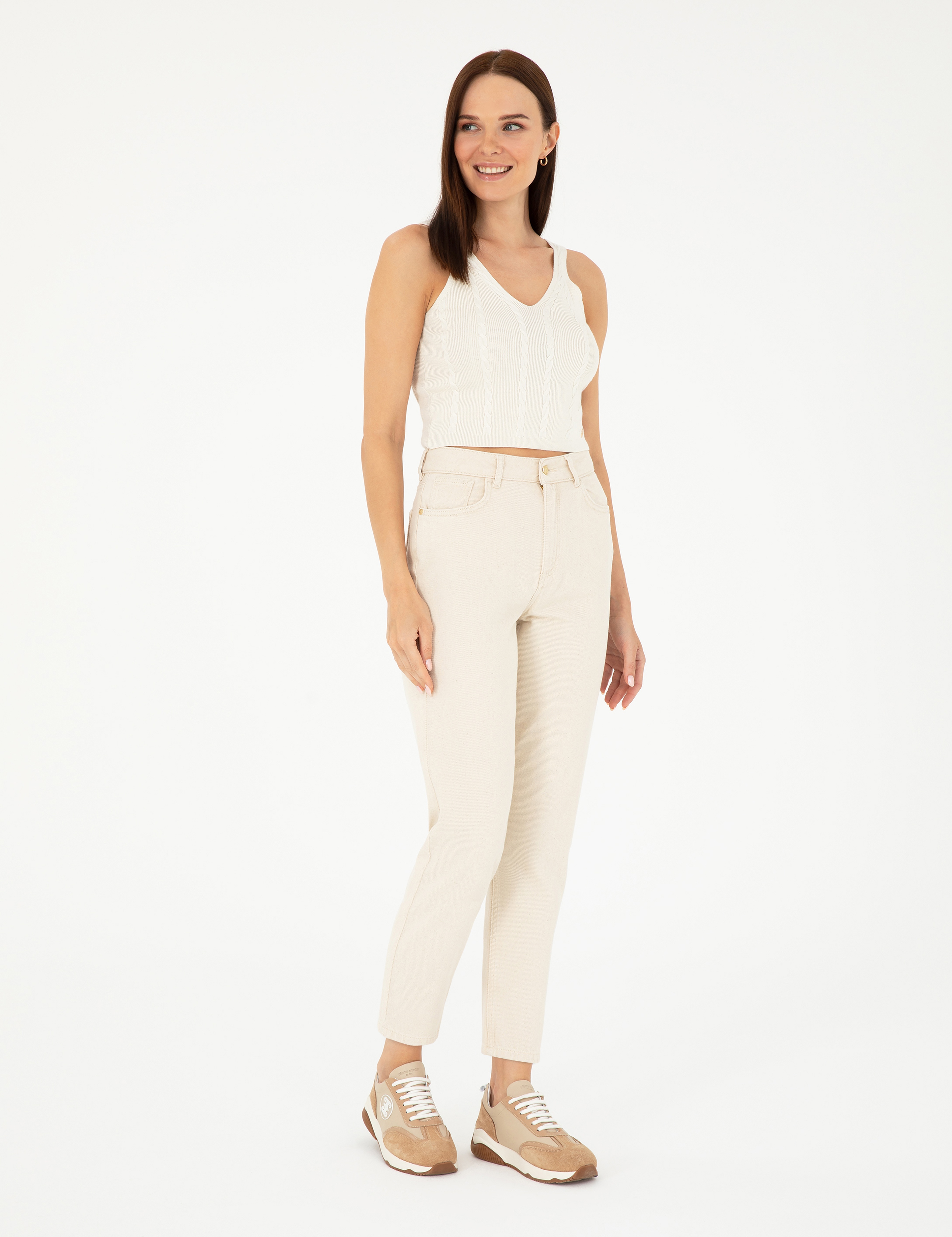 Bej Mom Fit Jean Pantolon - Image 1